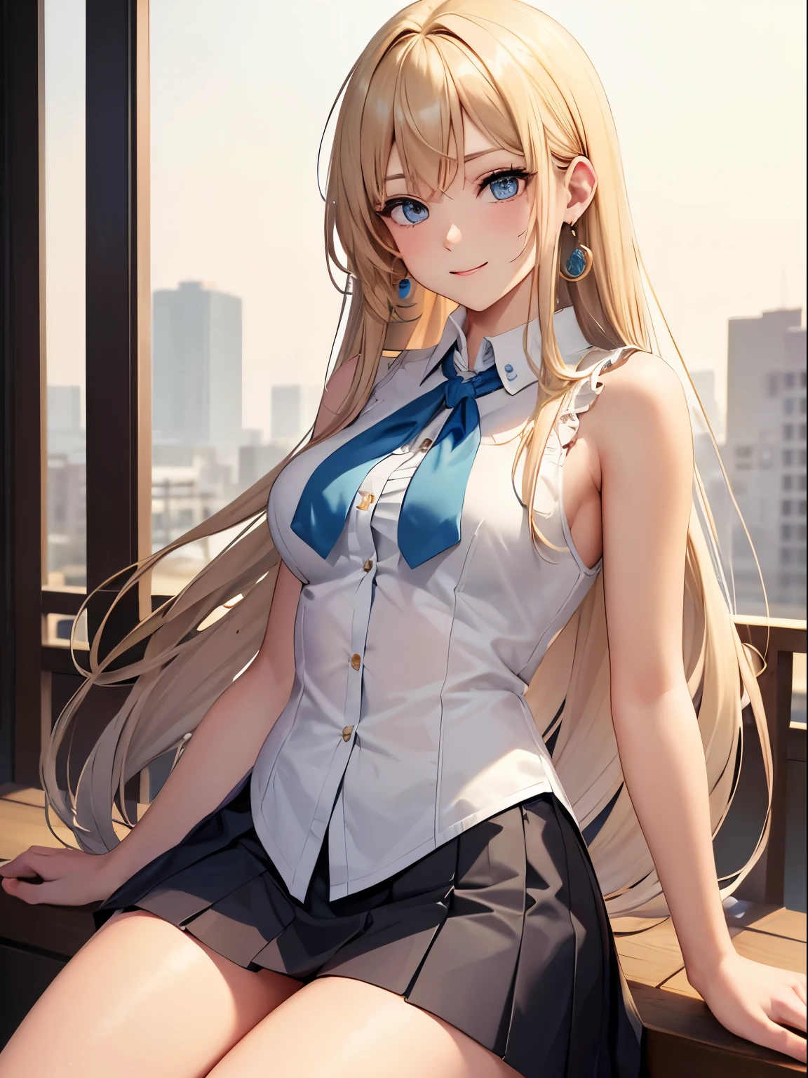 (girl),masterpiece:1.2, best quality, ((ultra detailed)), high resolution, 2d, anime style , photo, photography, detailed background, ((very long hair,bronde hair, straight hair,medium breasts,beautiful thighs,earrings))
BREAK
solo,{{blonde hair}},(droopy eyes:1.3),20 years old, (sexy girl,tall face, tall female), ((blue eyes;1.2 )),
BREAK
cowboy shot,sleeveless shirt,button shirt,medium skirt, pigeon toed,sitting,light smile,terrace,cafe
BREAK
pastel colors:1.4, solid paint:1.2, saturated color, contour, sweaty