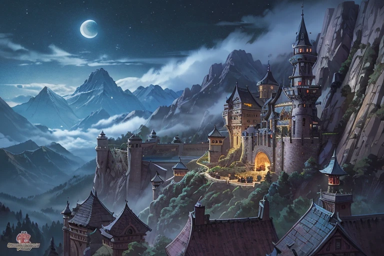 big ((ghibli)) fantasy dark sorcerer's castle at night, tiled roofs, medieval, rocky mountains, many towers, sky passages between towers, clustered towers, many turrets, balconies, POV