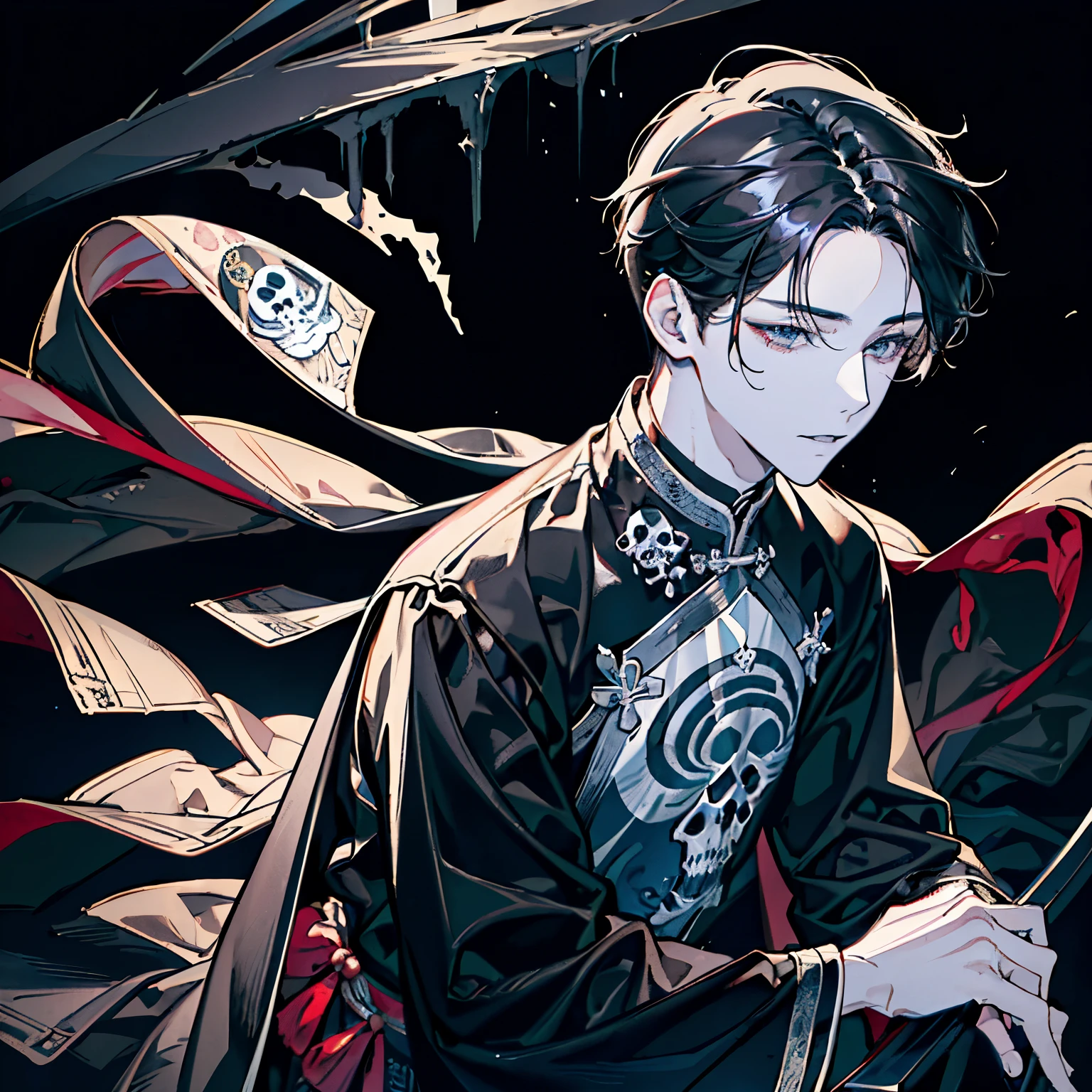 Blackwater Sunken Ship,(boy around 18 years old:1.5),Gorgeous clothing in ancient Chinese style,(Long straight black hair:1.4),(Water plantain:1.35),Close-up of face,(Top view:1.2),(Skull Haori:1.3)