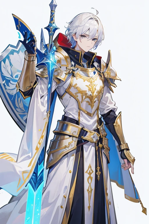 a male holy paladin with a white gold background holding a tower shield forward with a spear in his other hand, a sword hilt on his back, his armor is gold and white, with red linings, he has a helmet on and his tower shield is as tall as him