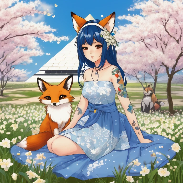 A beautiful anime girl with cat ears and a fox tail sits in a field of white flowers. She has tattoos on her skin and is wearing a blue dress. In the background, there are blooming cherry blossoms and a pyramid.