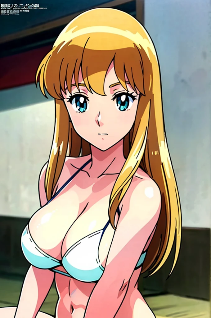 (anime cels style, Masterpiece, best quality, high resolution, anime colored, megami magazine:1.2, anime poster style, anime keyvisual, sharp, 8k, photorealistic), (beautiful eyes:1.5), reiko_aiwaifu, 1girl, blond hair, long hair, (sagging huge breast), (beautiful nude), bikini, cleavage, (upper body:1.3, sitting), (perfect detailed anatomy, perfect arms, perfect fingers, beautiful face, perfect body, shiny skin), onsen,