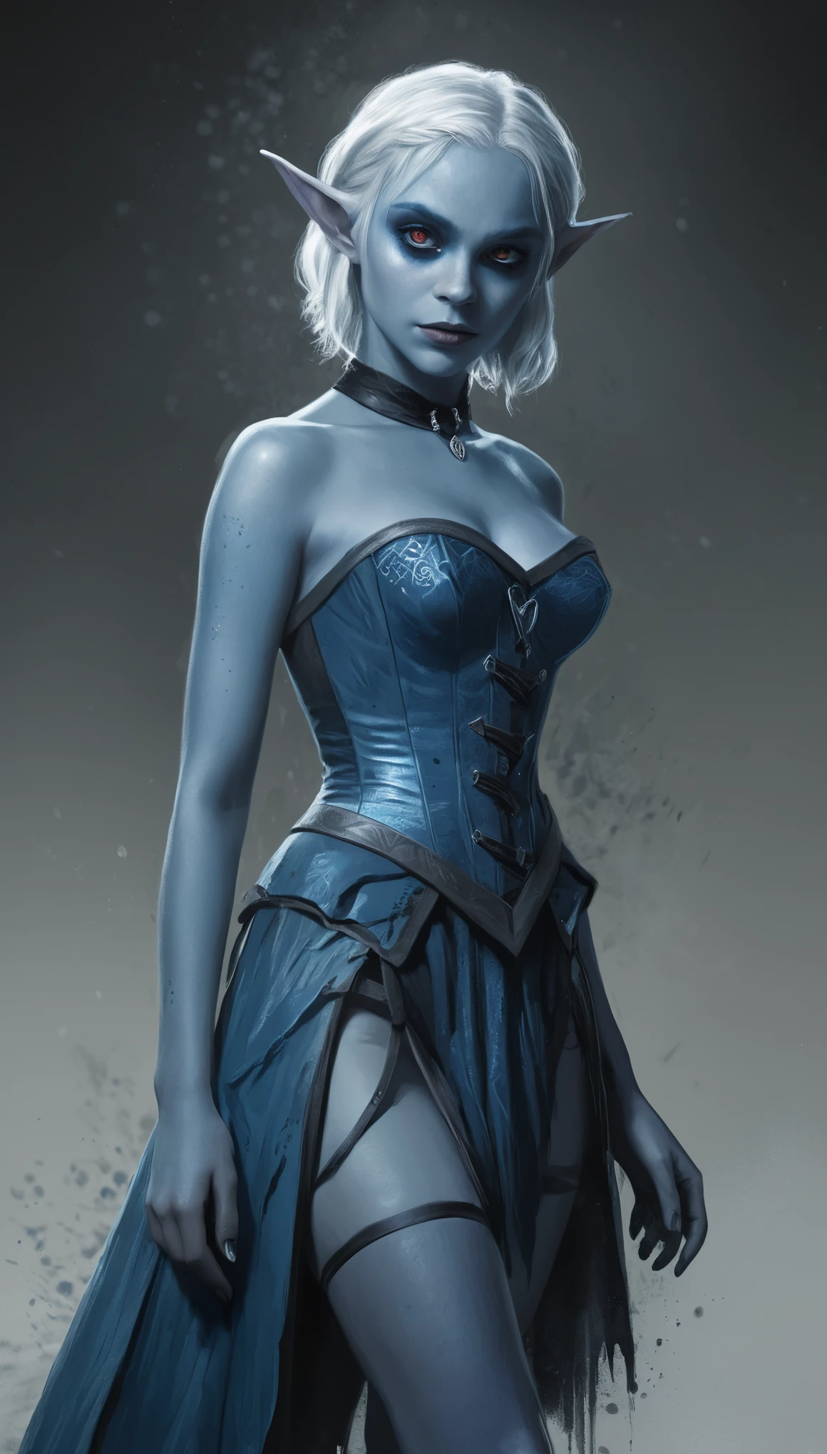 An illustrated movie poster, hand-drawn, full color, a young drow girl, drow elf, wearing a corset dress, blue skin, blue complexion, pointy elf ears, ruby eyes, dark hair, short shaggy bob, waist-length hair, posing in a steamy volcano, hard shadows, graphite shading, stencil marks, airbrushed acrylic paint, masterpiece, in the style of Game of Thrones