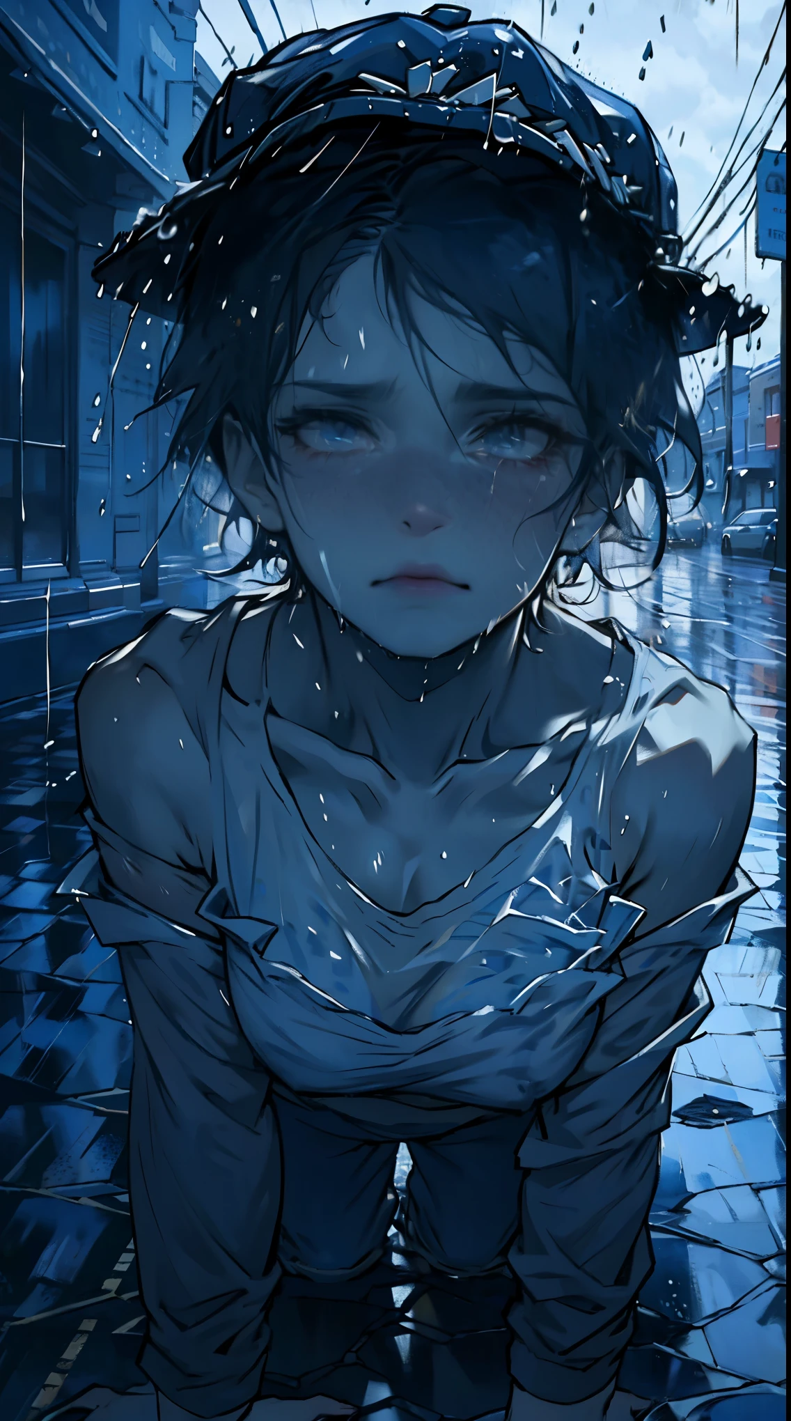 ( best quality,4k,8k,highres,masterpiece:1.2),ultra-detailed,(realistic,photorealistic,photo-realistic:1.37),rainy scene,stressed,outdoor,gloomy atmosphere,realistic droplets on the face,drenched clothes,dark colors,despair,desolation,loneliness,lost in thoughts,emotional,wet street,running mascara on his face,tears streaming down his cheeks,hat soaked with rain,water dripping from his hair,hunched shoulders,visible sadness,pouring rain,thunderstorm,tempestuous weather,misery,deep sorrow,heartache,negative emotions,despairing expression,cold and wet,paleness,heavy rain falling,wet pavement,teardrops falling rapidly,solitude,devastation.