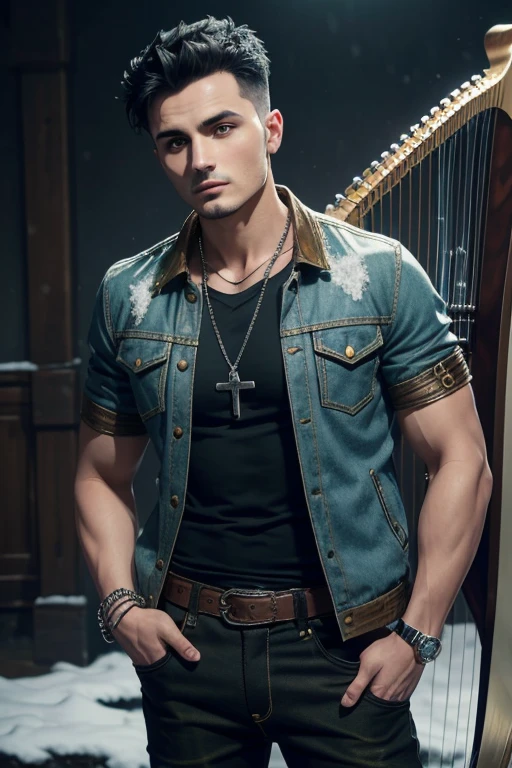 Michael Malarkey 20-year-old boy with open brown jacket, blue t-shirt with snow print, short black hair, punk style, yellow locks, black jeans, green eyes, black leather belt, silver buckle, slim muscular build, cross medallion, silver bracelet, looking straight at the viewer, holding a harp