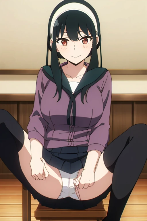 (masterpiece, highest quality: 1.2), alone, 1 girl, alone, panties,,black,see-through panties,nsfw,Sailor suit,your heather, smile, Mouth closed, View your viewers, Long black hair, head band, Earrings, Big Breasts, Medium Waist, Medium Hips, wide thighs, Embarrassing, charm, smiling with her Mouth closed, Good move...., Excellent anatomy,panties,Browsing Caution,classroom,,Sailor suit,blazer,skirt, (((skirtめくり, I can see your pants))),sitting on desk,love juice spilling on the floor, ((liquid splashing from girl'Between the legs)),