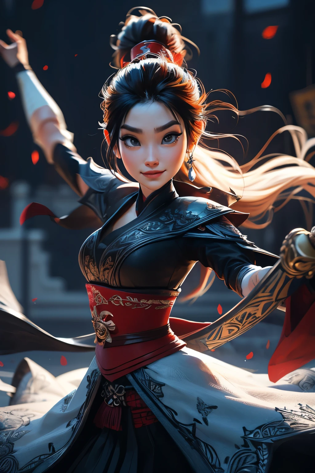 Elsa-Mulan Fusion, Fusionando modelos, derritiendo, Ropa Mulan, 1 chica, hermoso, personaje, mujer, femenino, (parte maestra:1.2), (mejor calidad:1.2), (solo:1.2), ((pose de pelea)), ((campo de batalla)), cinematographic, ojos perfectos, piel perfecta, Perfect lighting, smile, luz, cor, piel texturizada, detalle, Belleza, preguntarse, ultra detallado, cara perfecta