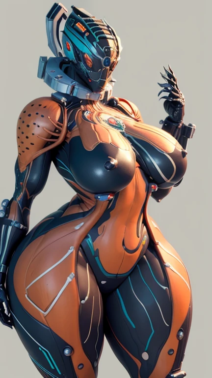 One Girl, chest, Covered face, curvy, huge chest, humanoid robot, Claw hands, Joint, No mouth, can'I can not stand it, robot, robot Joint, Shiny, Shiny skin, Simple Background, alone, thick Thighs, Thighs, White Background, Big Hips, robot, humanoid robot, robot girl, Blushing, Sexy pose, From the back,