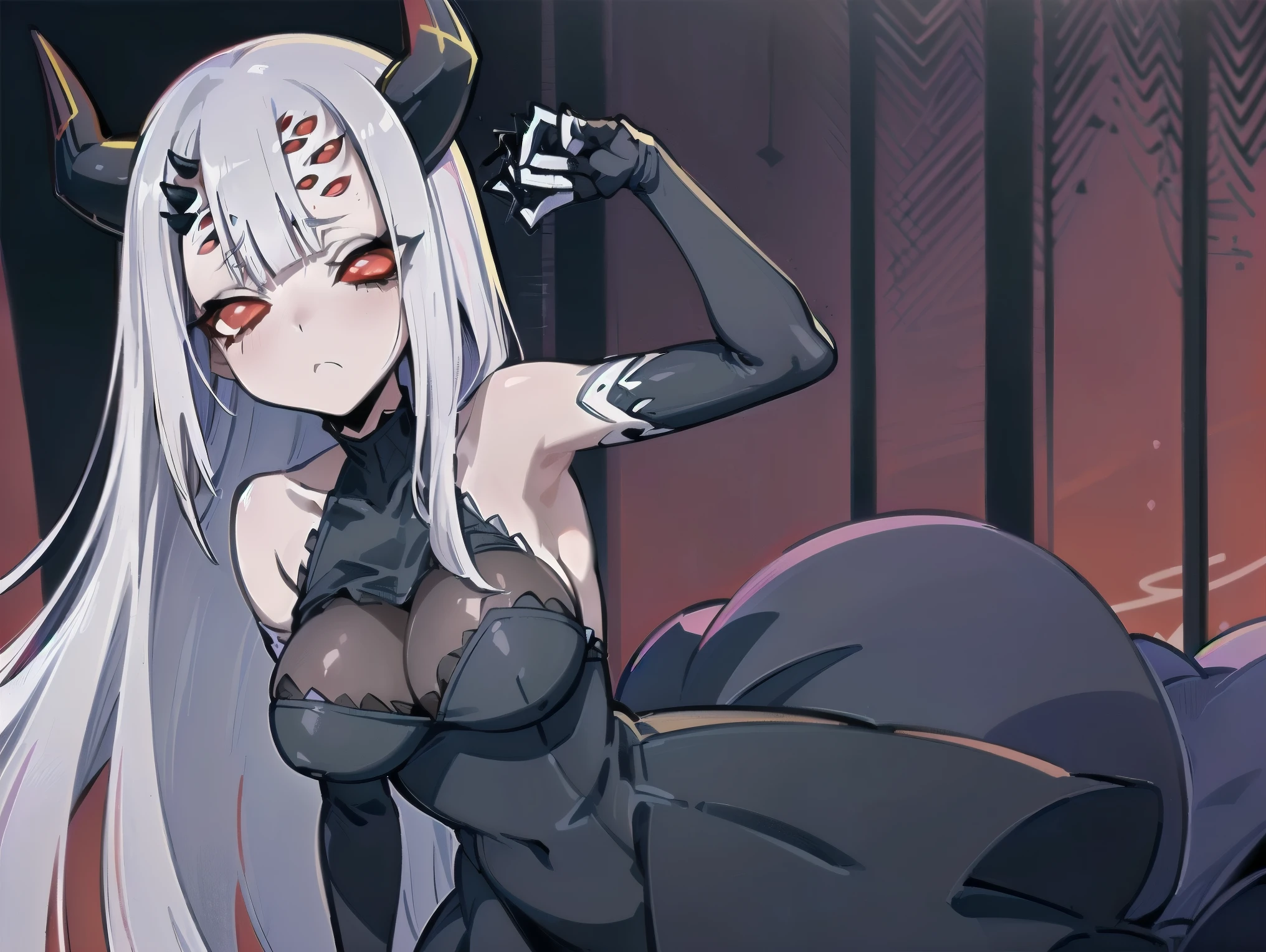concept art, ((CG)), ((1girl spider)), , ((((long white hair)))), (((red eyes))), ((spider body)), (((blunt bangs))), ((spider horns)), ((((sleepy)))), sloppy, ((best quality)), ( ((black dress))), ((artwork)), (detailed), perfect face, ((style novel)), beautiful cores, ((((anime_Colores)))), ((in the forest)) , (Alone)