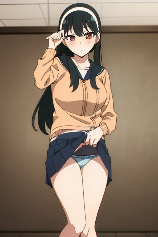 (masterpiece, highest quality: 1.2), alone, 1 girl, alone, nsfw，panties，，Browsing Caution，black，Sailor suit，your heather,  love juice spilling on the floor, liquid splashing from girl&#39;Between the legs， see-through panties，blush，かなりEmbarrassing， View your viewers, Long black hair, head band,  Earrings, Big Breasts, Medium Waist,Medium Hips, wide thighs, Embarrassing, charm, Good move...., Excellent anatomy,panties，classroom，，Sailor suit，blazer，skirt， (((skirtめくり, I can see your pants)))，