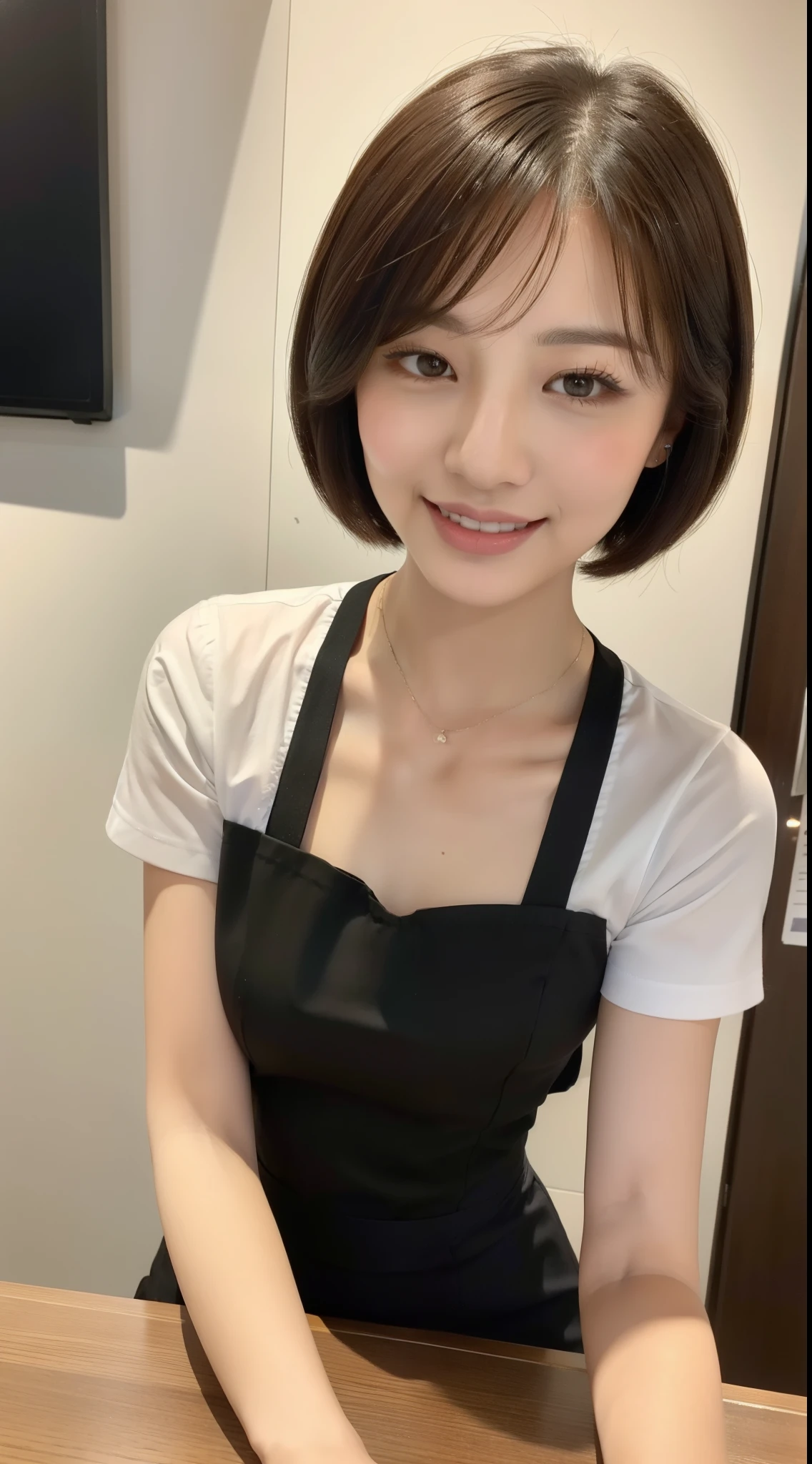 ((Top Quality, 8k, Masterpiece: 1.3)), Sharp Focus, One Girl, Slim Beauty: 1.2, Brown Hair, Short Hair, (Big: 1.5), (Layer Cut), Detailed Eyes, Double Eyelids, Cute Smile, (Mouth Closed), (Cute Japan Human-Faced Beauty), Soft Skin, Reflecting the whole body, Ultra Realistic, Ultra Detailed, High Quality, (Beautiful short-haired waitress who comes to the table to take orders)
