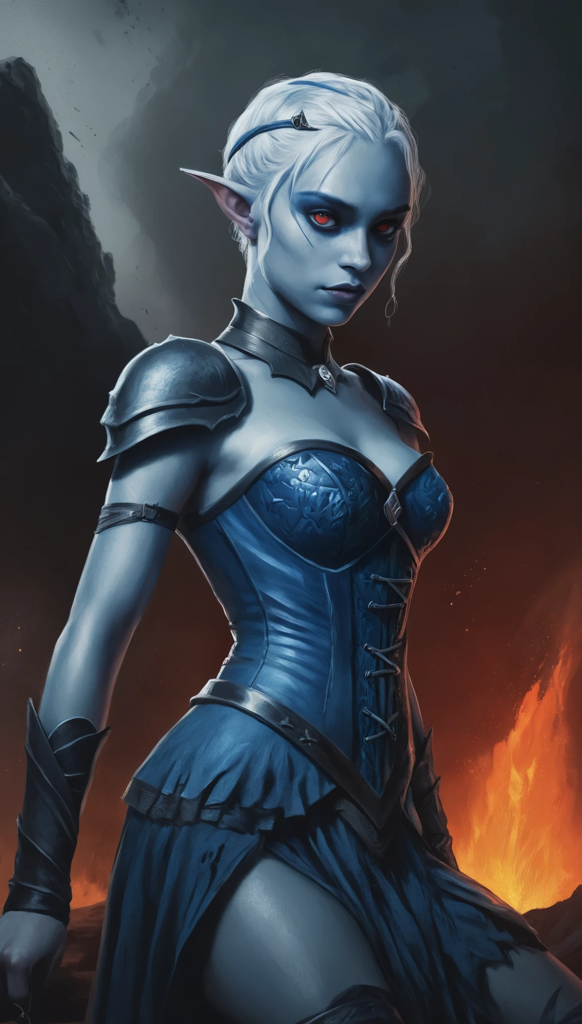 An illustrated movie poster, hand-drawn, full color, a young drow girl, drow elf, wearing a corset dress, blue skin, blue complexion, pointy elf ears, ruby eyes, dark hair, short shaggy bob, waist-length hair, posing in a steamy volcano, hard shadows, graphite shading, stencil marks, airbrushed acrylic paint, masterpiece, in the style of Game of Thrones