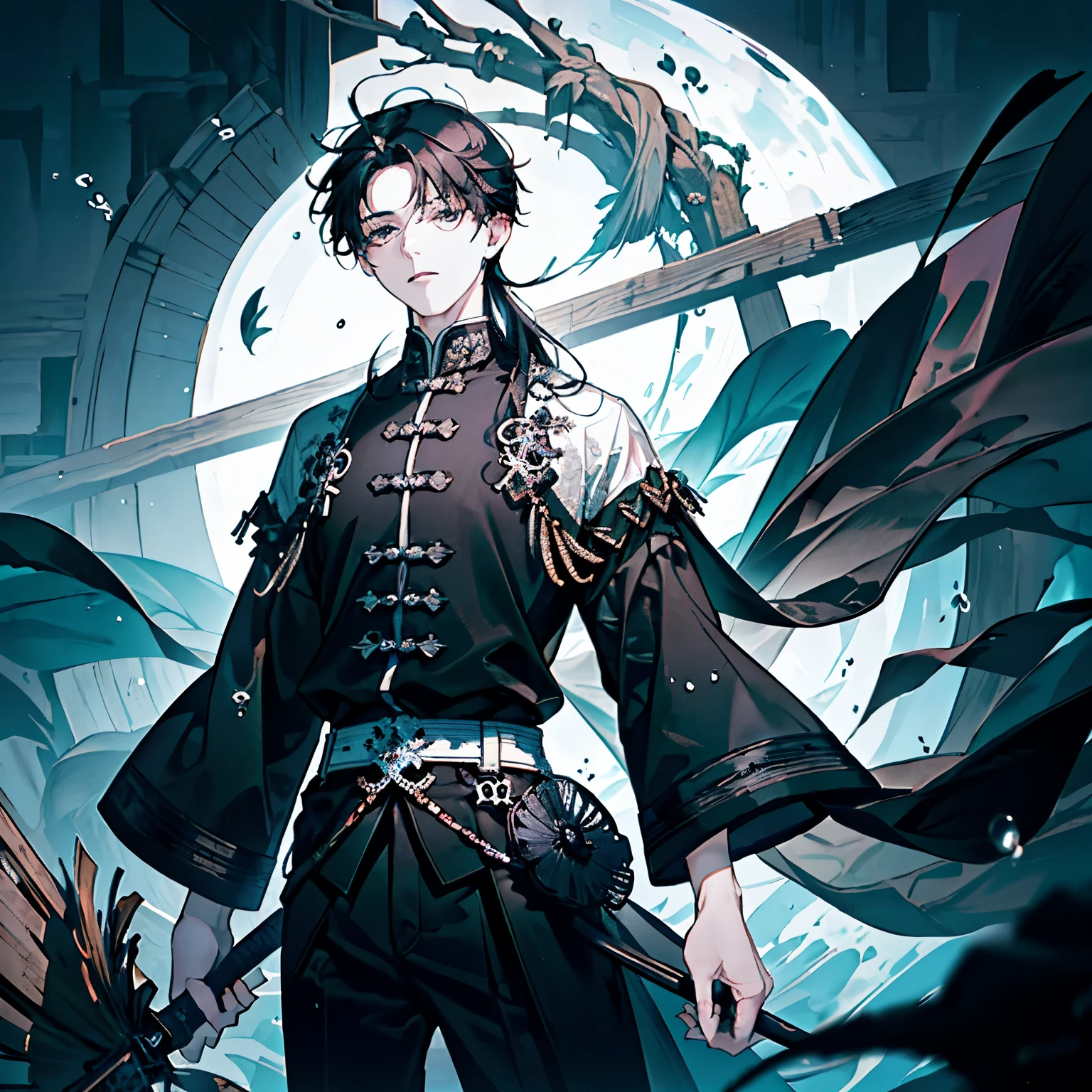 Blackwater Sunken Ship,(boy around 18 years old:1.5),Gorgeous clothing in ancient Chinese style,(Long straight black hair:1.4),(Water plantain:1.35),Close-up of face,(Angle from below:1.2),(fish bone:1.3)