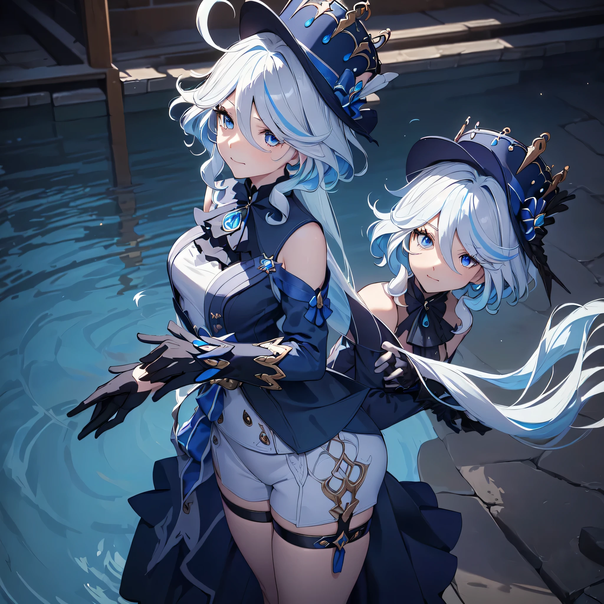 
All the intricate details: "(a girl from the video game: (Genshin Impact,
 character Furina) with a dress and a long skirt standing next to a kind of stone wall with stars, 1 girl view, long hair, (furina), alone, gloves, smile, red eyes, fingerless gloves, black gloves, look to the viewer, hair decoration, bare shoulders, bangs, water, closed mouth, hair between eyes, blue eyes, blue hair, white hair, highlighted hair, gloves, hat, white gloves, blue hats, ahoge, black gloves, long sleeves, ascot, jewelry, brooch, black hats, ruffles, random pose, low angle, see tanga, ass shot)"