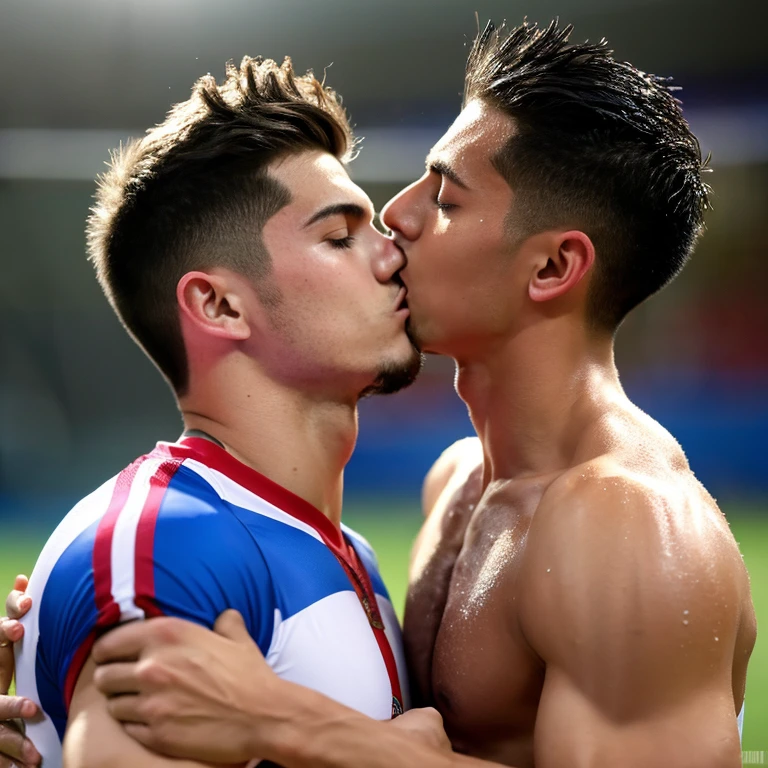 macho musculoso de futbol americano sin camisa, groped and kissed by a very thin effeminate gay teen, bulto grande, mostrando pectorales y abdominales completos,wet dreams, besos, gay pornographic, fondled