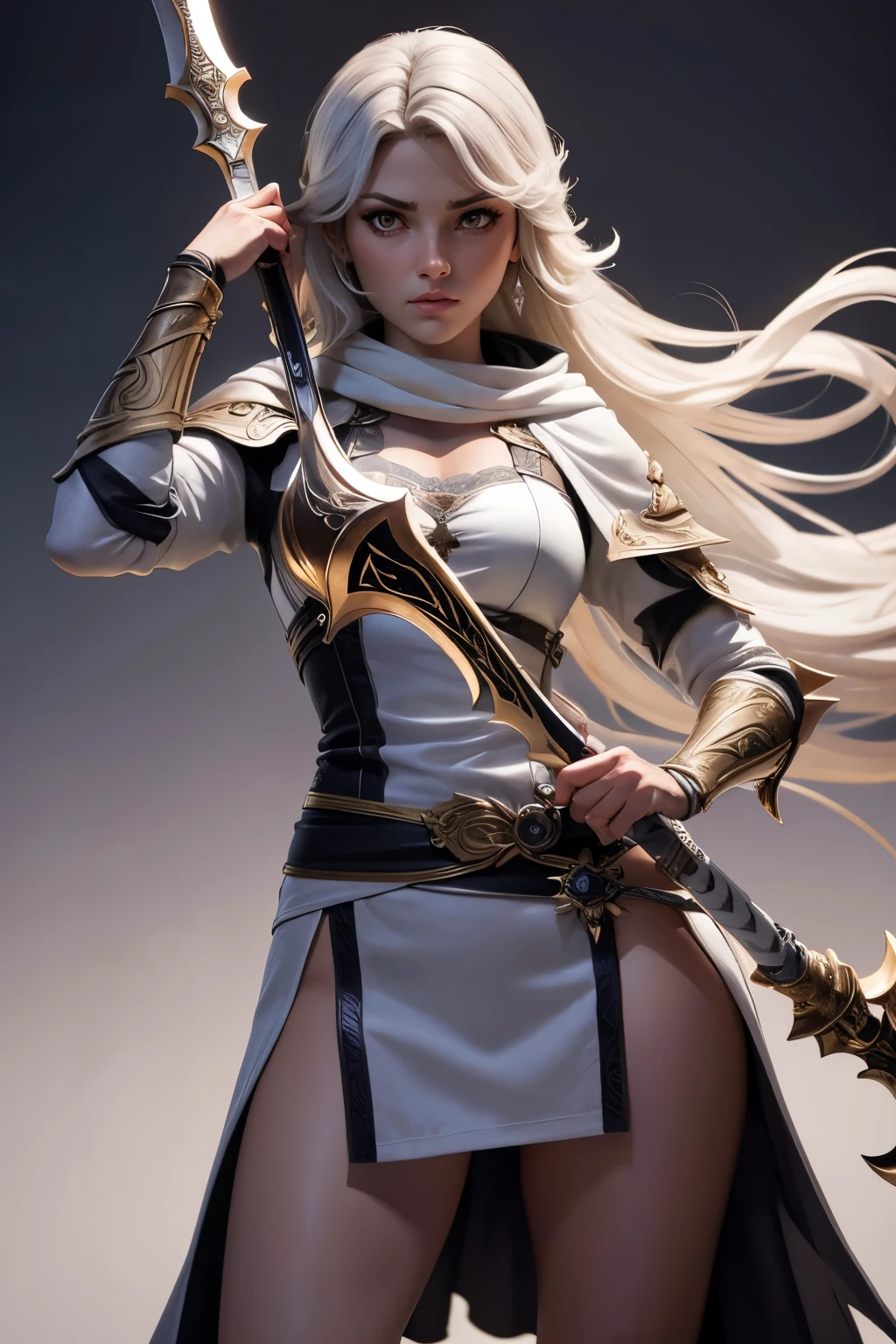 Obra maestra, mejor calidad, 1 chica, espada, holding espada,fondo gris, postura de lucha,