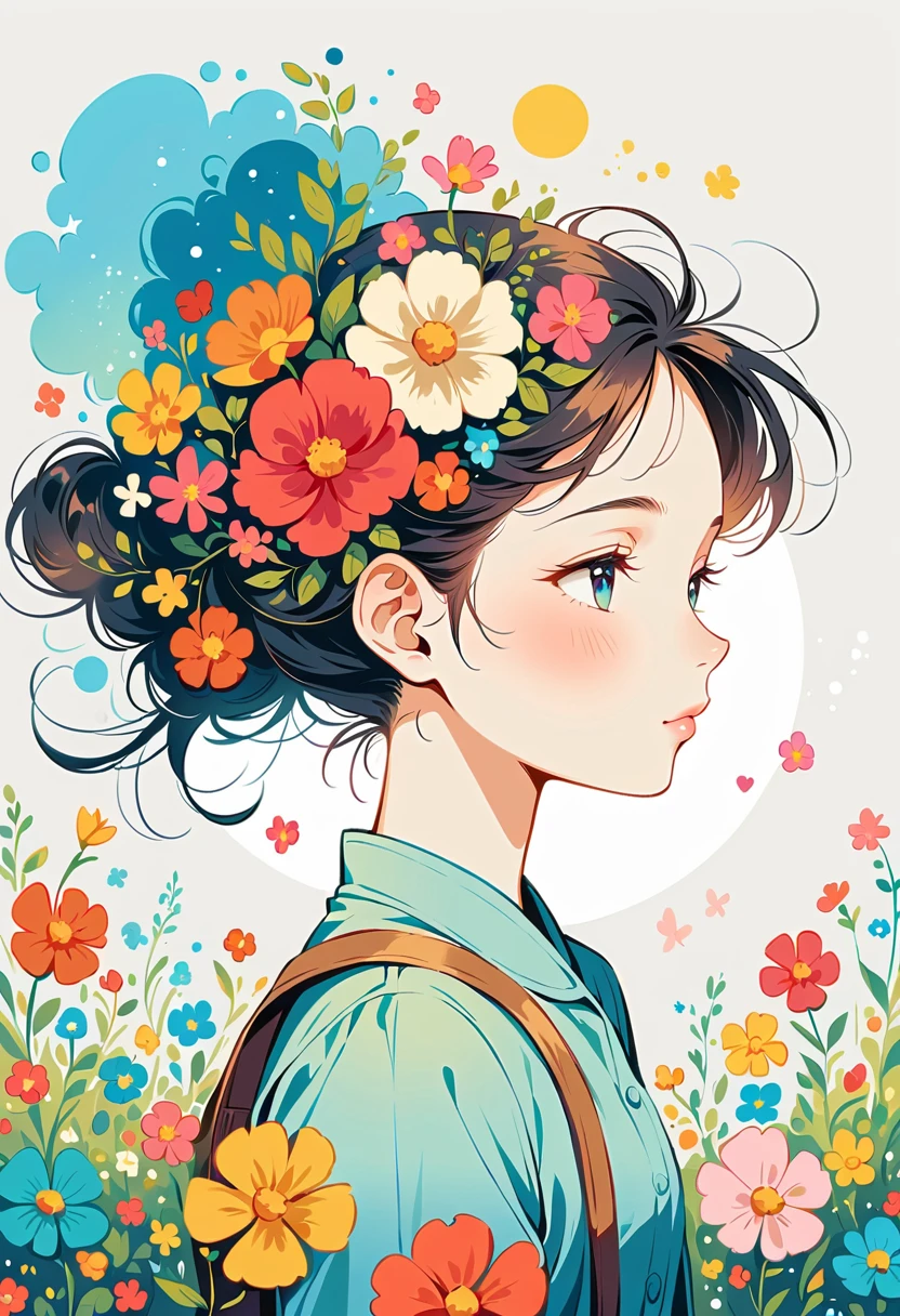 Girl with backpack on rooftop,The backpack is filled with happy spring,Simple lineinimalism,abstraction,Lots of white space