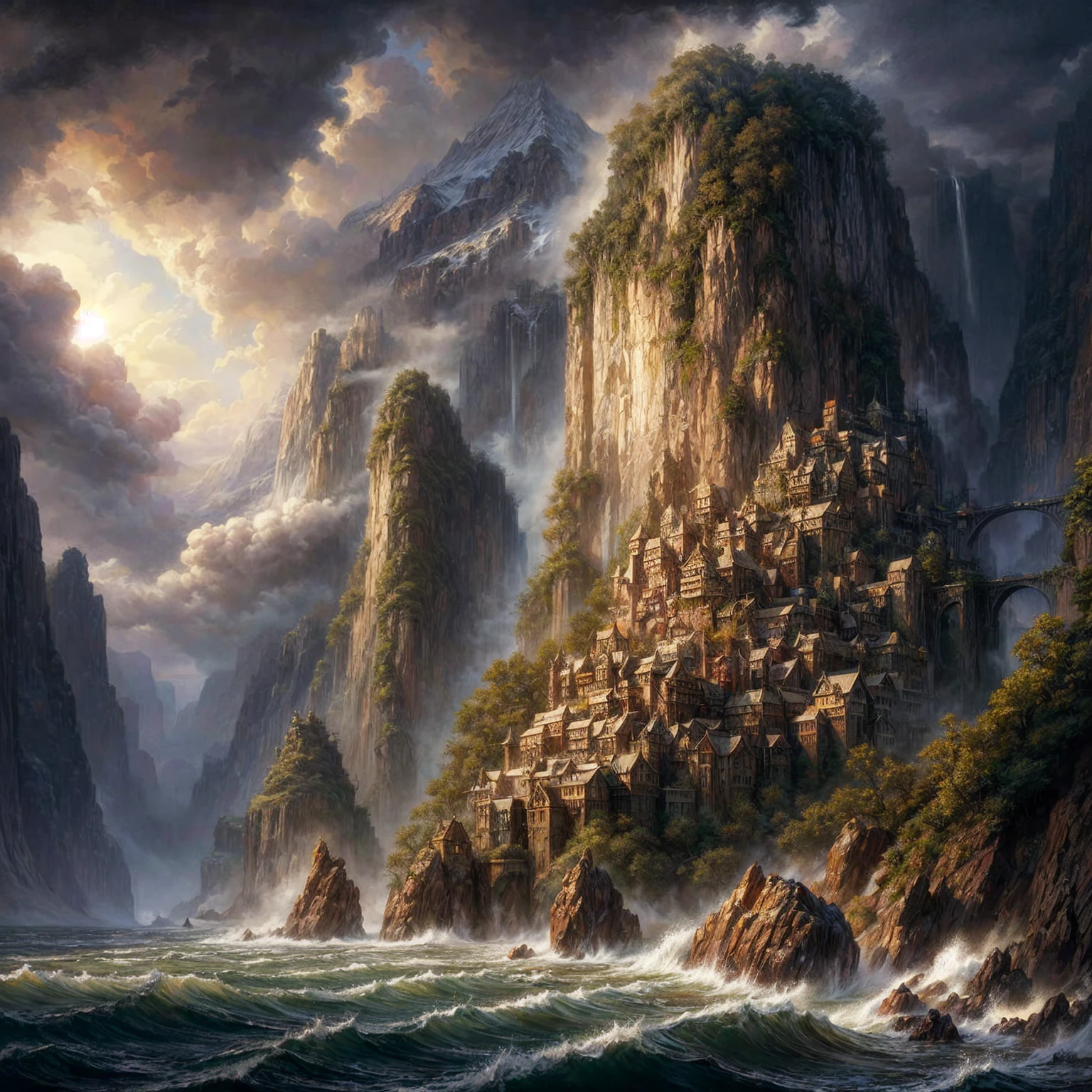 Painting of a mountain landscape with a bridge over a river, atemberaubende Fantasy-Kunst, Andreas Rocha und John Howe, Fantasie-Matte-Painting, detailed matte fantasy painting, matte fantasy painting, realistische Fantasy-Malerei, detaillierte Fantasie digitale Kunst, episches Matte Painting einer Insel, Fantasie Kunst Landschaft, hyperrealistische Fantasy-Kunst, beeindruckende Fantasielandschaft, hochdetaillierte Fantasy-Kunst, high Fantasie-Matte-Painting