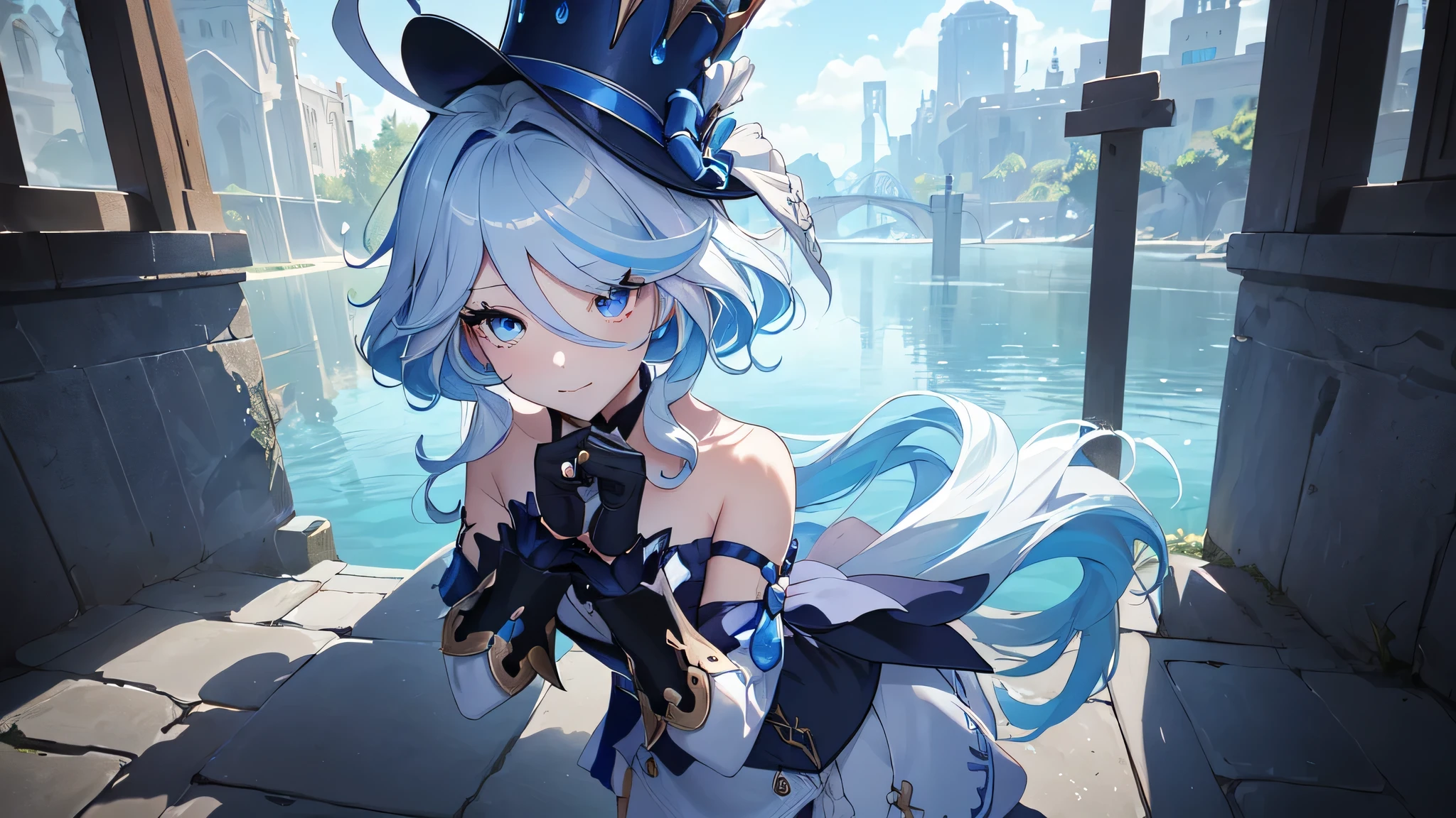 All the intricate details: "(a girl from the video game: (Genshin Impact,
character Furina) with a dress and a long skirt standing next to a kind of stone wall with stars, 1 girl view, long hair, (furina), alone, gloves, smile, red eyes, fingerless gloves, black gloves, look to the viewer, hair decoration, bare shoulders, bangs, water, closed mouth, hair between eyes, blue eyes, blue hair, white hair, highlighted hair, gloves, hat, white gloves, blue hats, ahoge, black gloves, long sleeves, ascot, jewelry, brooch, black hats, ruffles, random pose, low angle, see tanga, ass shot)"