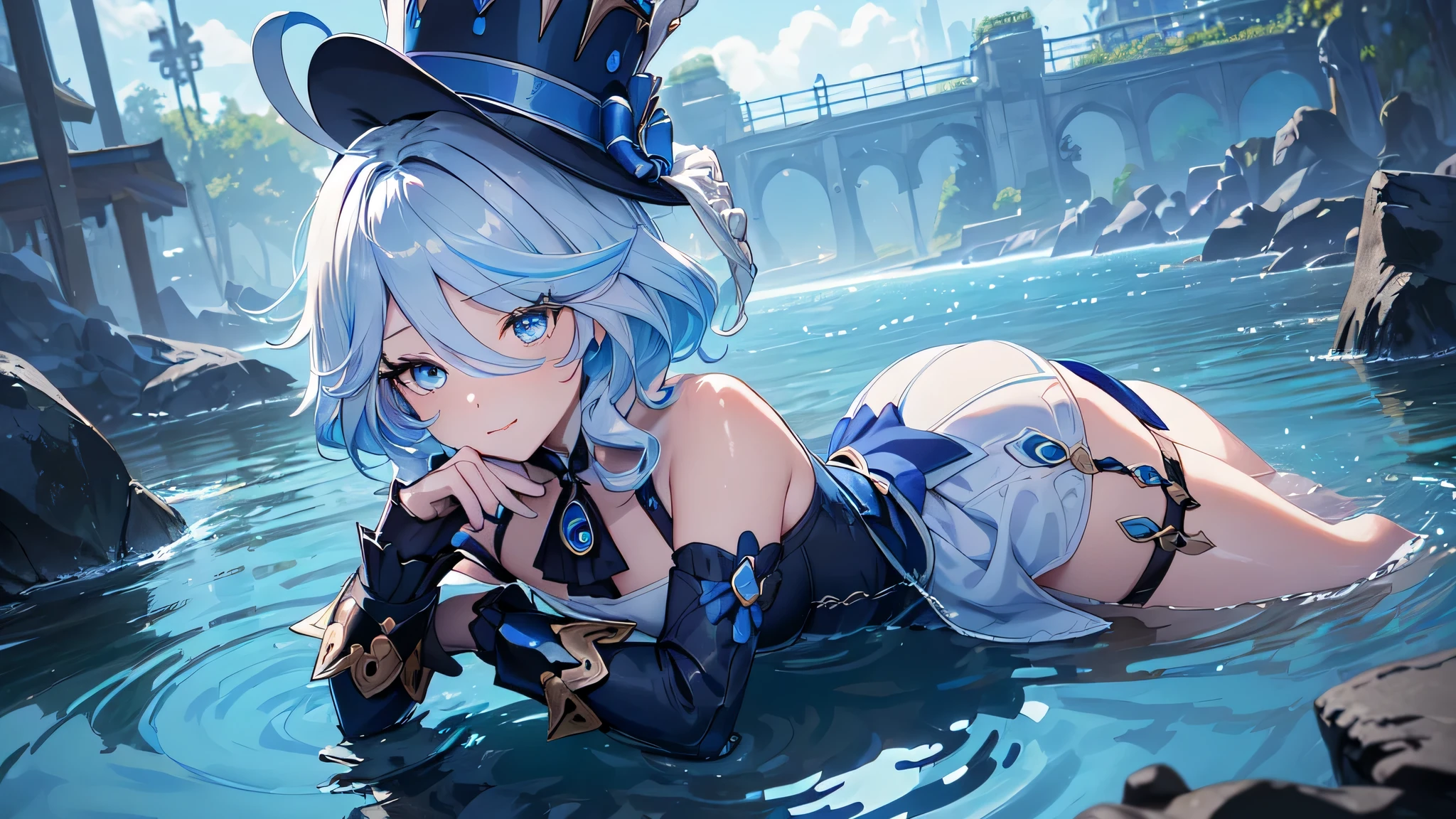 All the intricate details: "(a girl from the video game: (Genshin Impact,
character Furina) with a dress and a long skirt standing next to a kind of stone wall with stars, 1 girl view, long hair, (furina), alone, gloves, smile, red eyes, fingerless gloves, black gloves, look to the viewer, hair decoration, bare shoulders, bangs, water, closed mouth, hair between eyes, blue eyes, blue hair, white hair, highlighted hair, gloves, hat, white gloves, blue hats, ahoge, black gloves, long sleeves, ascot, jewelry, brooch, black hats, ruffles, random pose, low angle, see tanga, ass shot)"