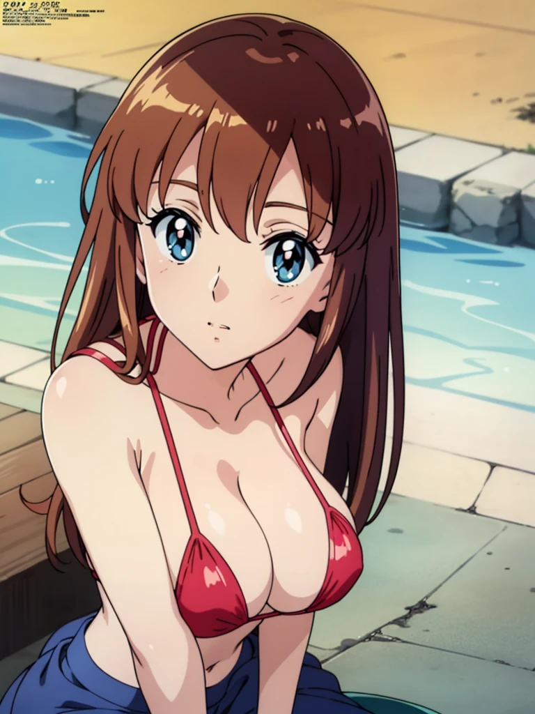 (anime cels style, Masterpiece, best quality, high resolution, anime colored, megami magazine:1.2, anime poster style, anime keyvisual, sharp, 8k, photorealistic), (beautiful eyes:1.5), reiko_aiwaifu, 1girl, blond hair, long hair, (sagging huge breast), micro bikini, cleavage, (upper body:1.3), sitting, (perfect detailed anatomy, perfect arms, perfect fingers, beautiful face, perfect body, shiny skin), onsen, 