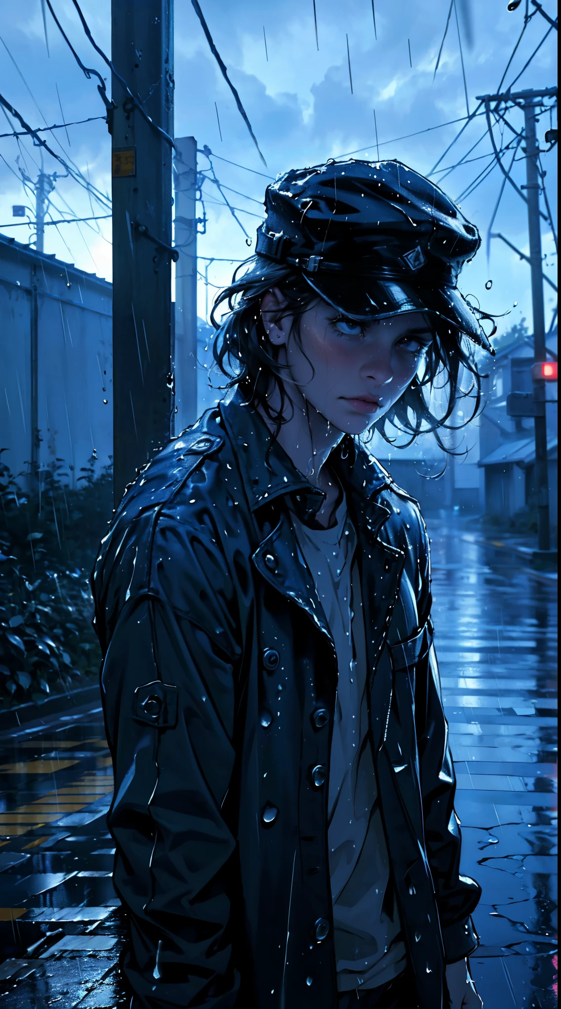 ( best quality,4k,8k,highres,masterpiece:1.2),ultra-detailed,(realistic,photorealistic,photo-realistic:1.37),rainy scene,stressed,outdoor,gloomy atmosphere,realistic droplets on the face,drenched clothes,dark colors,despair,desolation,loneliness,lost in thoughts,emotional,wet street,running mascara on his face,tears streaming down his cheeks,hat soaked with rain,water dripping from his hair,hunched shoulders,visible sadness,pouring rain,thunderstorm,tempestuous weather,misery,deep sorrow,heartache,negative emotions,despairing expression,cold and wet,paleness,heavy rain falling,wet pavement,teardrops falling rapidly,solitude,devastation.