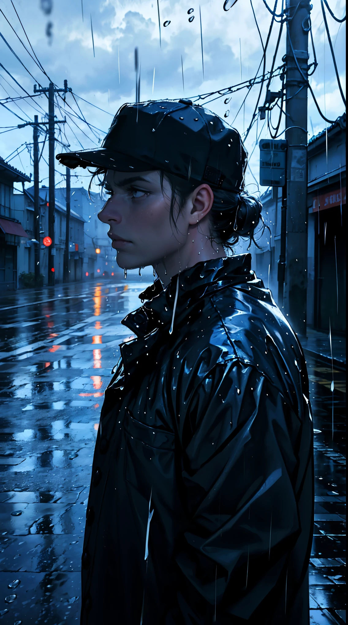 ( best quality,4k,8k,highres,masterpiece:1.2),ultra-detailed,(realistic,photorealistic,photo-realistic:1.37),rainy scene,stressed,outdoor,gloomy atmosphere,realistic droplets on the face,drenched clothes,dark colors,despair,desolation,loneliness,lost in thoughts,emotional,wet street,running mascara on his face,tears streaming down his cheeks,hat soaked with rain,water dripping from his hair,hunched shoulders,visible sadness,pouring rain,thunderstorm,tempestuous weather,misery,deep sorrow,heartache,negative emotions,despairing expression,cold and wet,paleness,heavy rain falling,wet pavement,teardrops falling rapidly,solitude,devastation.