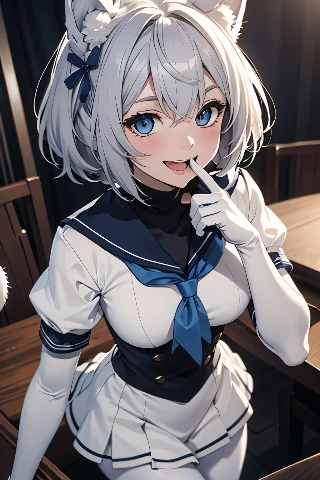 Tabletop high resolution Best image quality 8k Adult female Portraiture White long gloves(Elbow Gloves) White Pantyhose Sailor suit(No sleeve) Navy blue mini skirt White wolf ears short hair((Shortcuts)(Gray Hair)(Perm)(fluffy)) Eye color is blue Fascinating face((Laughter)(smile)(Open your mouth))