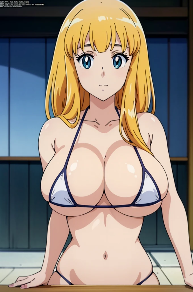 (anime cels style, Masterpiece, best quality, high resolution, anime colored, megami magazine:1.2, anime poster style, anime keyvisual, sharp, 8k, photorealistic), (beautiful eyes:1.5), reiko_aiwaifu, 1girl, blond hair, long hair, (sagging huge breast), micro bikini, cleavage, (upper body:1.3), sitting, (perfect detailed anatomy, perfect arms, perfect fingers, beautiful face, perfect body, shiny skin), onsen, 