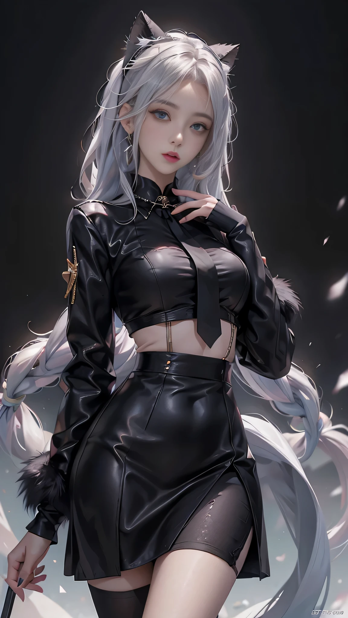 Photorealistic, high resolution, 1 Women, Solo, Hips up,Lolita costume, Beautiful eyes, White hair, ringed eyes, Collared shirt,black necktie,Black skirt, pencil skirts, Fur coat