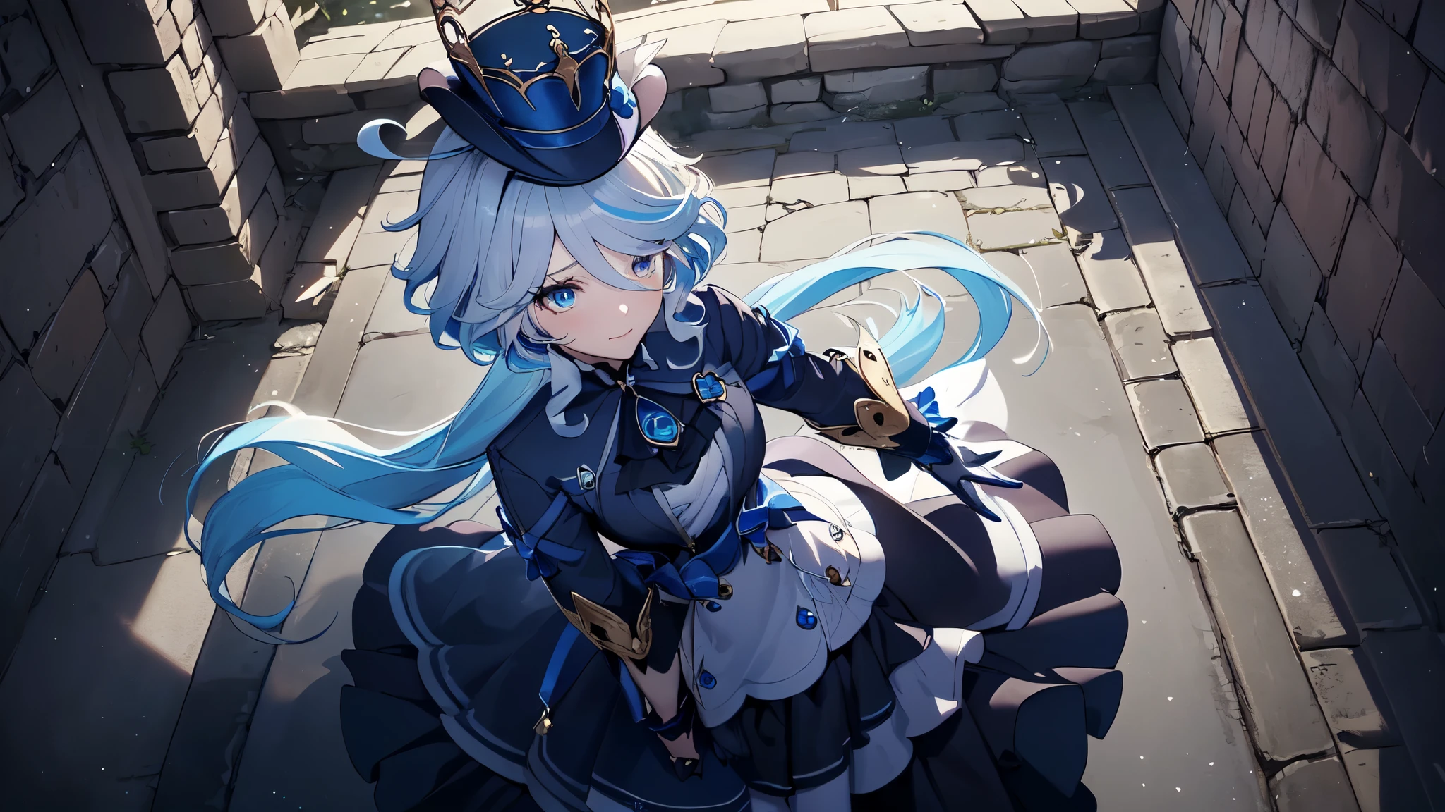 All the intricate details: "(a girl from the video game: (Genshin Impact,
character Furina) with a dress and a long skirt standing next to a kind of stone wall with stars, 1 girl view, long hair, (furina), alone, gloves, smile, red eyes, fingerless gloves, black gloves, look to the viewer, hair decoration, bare shoulders, bangs, water, closed mouth, hair between eyes, blue eyes, blue hair, white hair, highlighted hair, gloves, hat, white gloves, blue hats, ahoge, black gloves, long sleeves, ascot, jewelry, brooch, black hats, ruffles, random pose, low angle, see tanga, ass shot)"