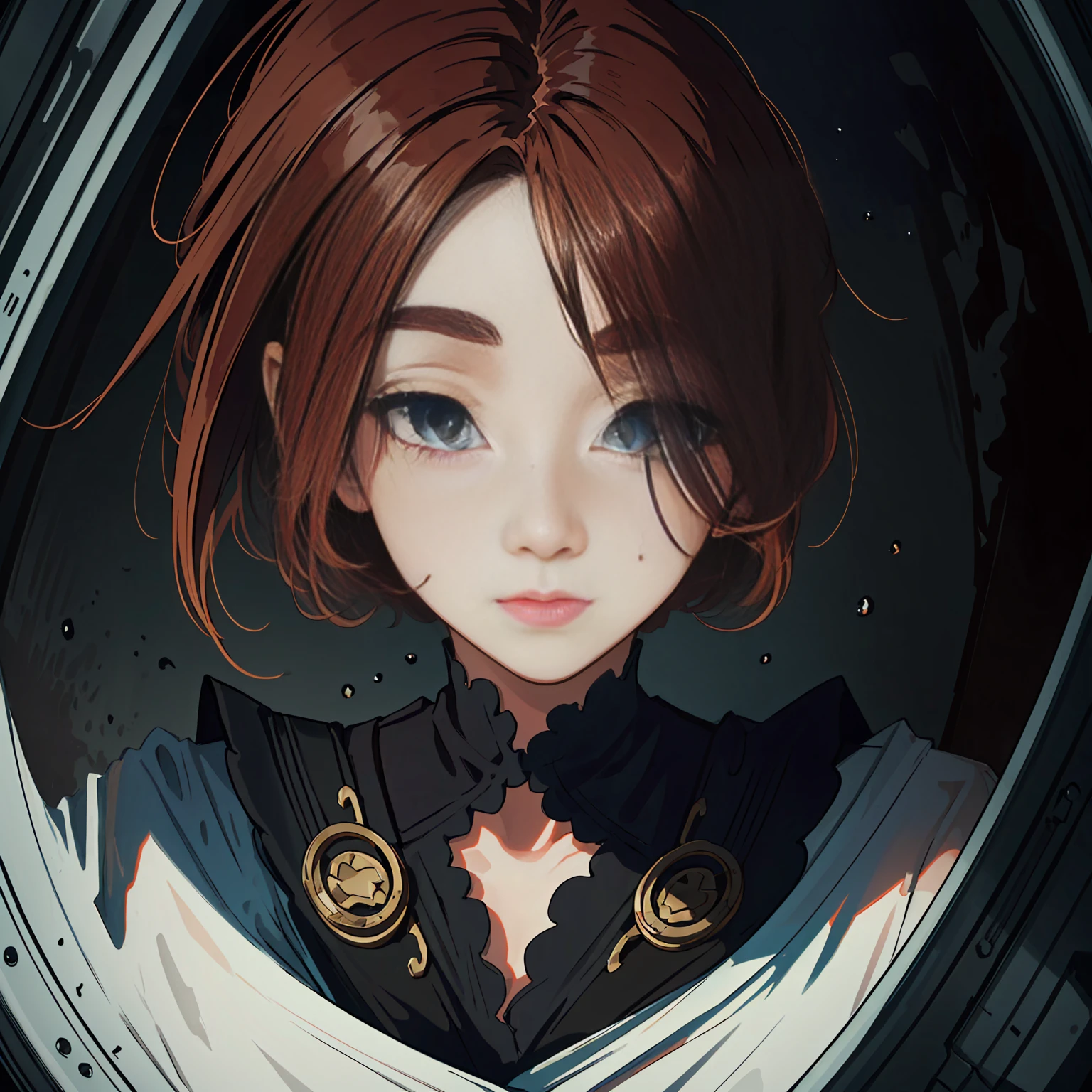 (8k, RAW photo, highest quality), beautiful girl, close up, dress, (detailed eyes:1.8), defiance512, (looking at the camera:1.4), (highest quality), (best shadow), intricate details, interior, ginger hair:1.3, dark studio, muted colors, freckle, (full body view)