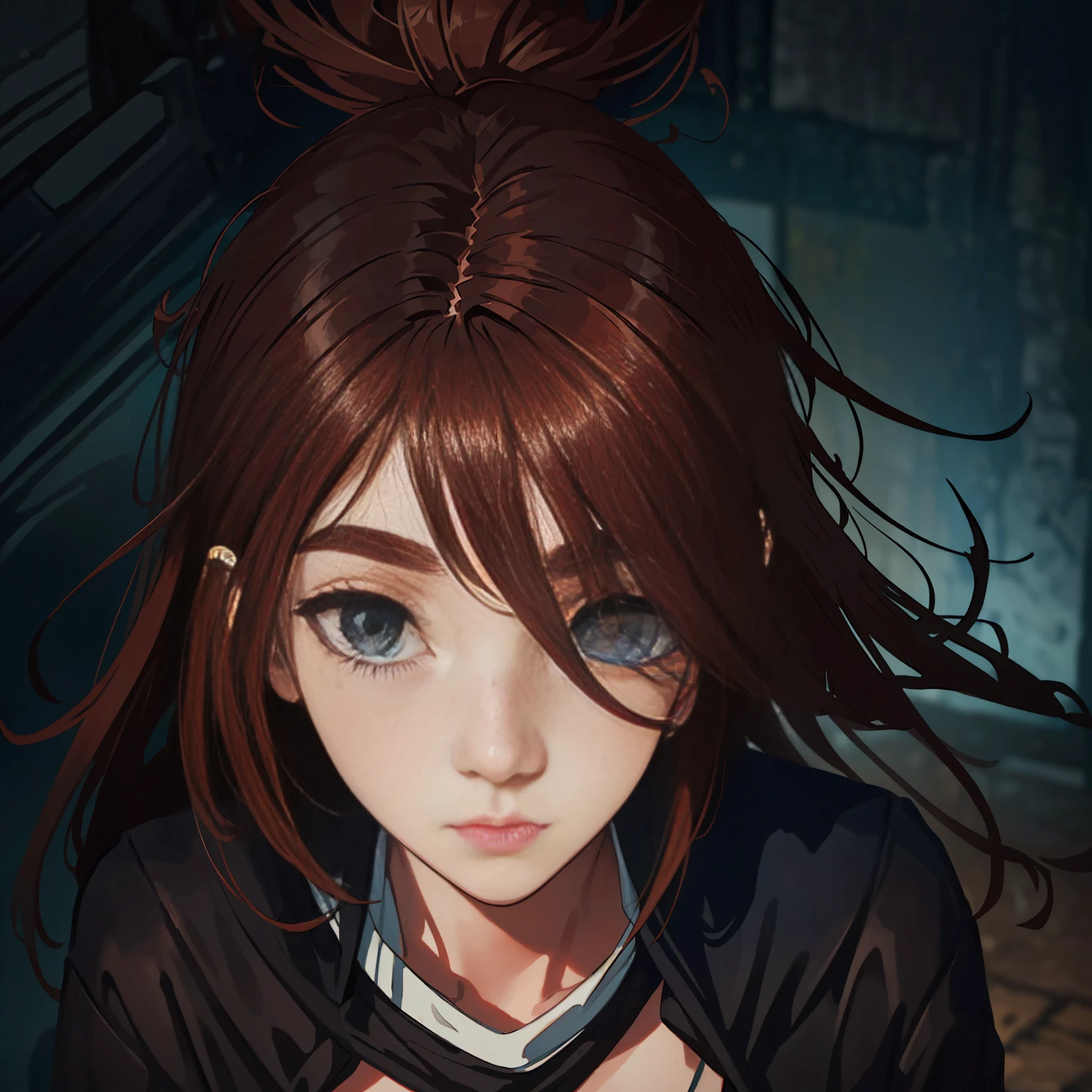 (8k, RAW photo, highest quality), beautiful girl, close up, dress, (detailed eyes:1.8), defiance512, (looking at the camera:1.4), (highest quality), (best shadow), intricate details, interior, ginger hair:1.3, dark studio, muted colors, freckle, (full body view)