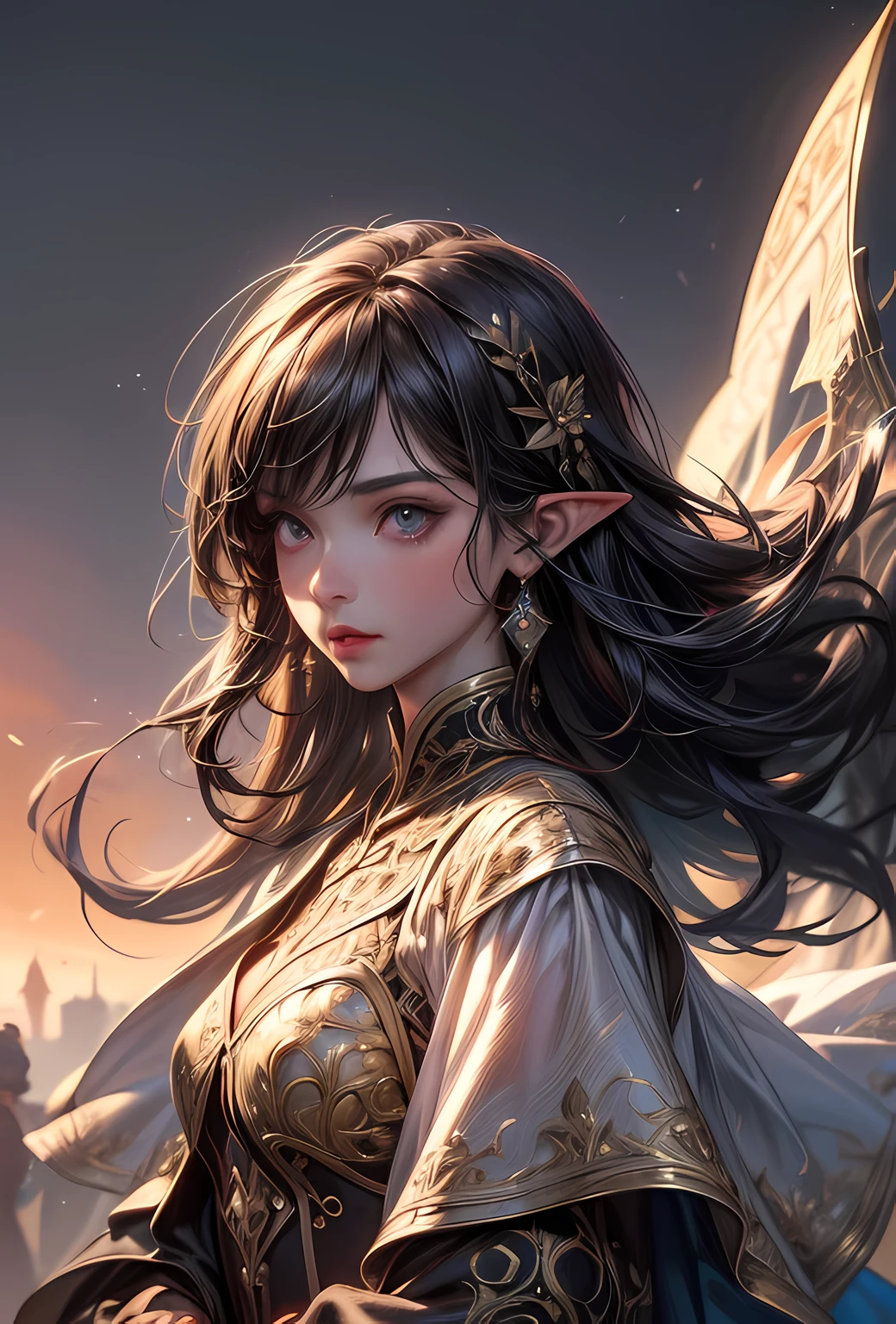 a picture of a female elf (intense details, Masterpiece, best quality: 1.5) fantasy swashbuckler, fantasy fencer, armed with a slim sword, shinning sword, metallic shine, colorful clothes, dynamic clothing, an ultra wide shot, full body (intense details, Masterpiece, best quality: 1.5)epic beautiful female elf (intense details, Masterpiece, best quality: 1.5), rich hair, braided hair, small pointed ears, Sword and shield, GLOWING SWORD [colorful magical sigils in the air],[ colorful arcane markings floating] (intricate details, Masterpiece, best quality: 1.6), holding a [sword] (intricate details, Masterpiece, best quality: 1.6) holding a [sword glowing in red light] fantasy urban street (intense details, Masterpiece, best quality: 1.5),  purple cloak, long cloak (intense details, Masterpiece, best quality: 1.5), sense of daring, sense of adventure,  high details, best quality, 8k, [ultra detailed], masterpiece, best quality, (extremely detailed), dynamic angle, ultra wide shot, photorealistic, RAW, fantasy art, dnd art, fantasy art, realistic art, DonM3lv3s, fantasysword sword, detailed face
d