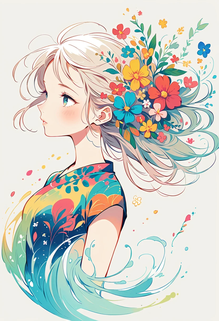 Girl with backpack on rooftop,The backpack is filled with happy spring,Simple lineinimalism,abstraction,Lots of white space
