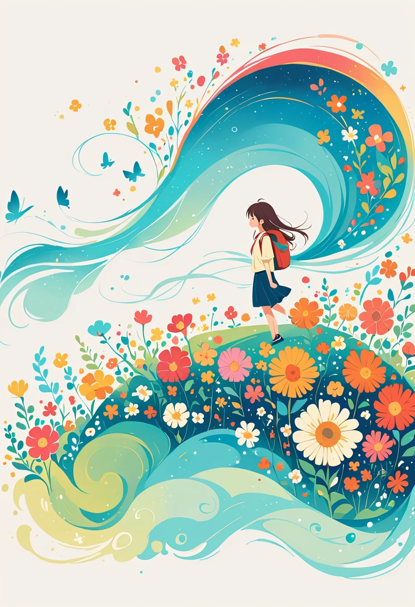 Girl with backpack on rooftop,The backpack is filled with happy spring,Simple lineinimalism,abstraction,Lots of white space