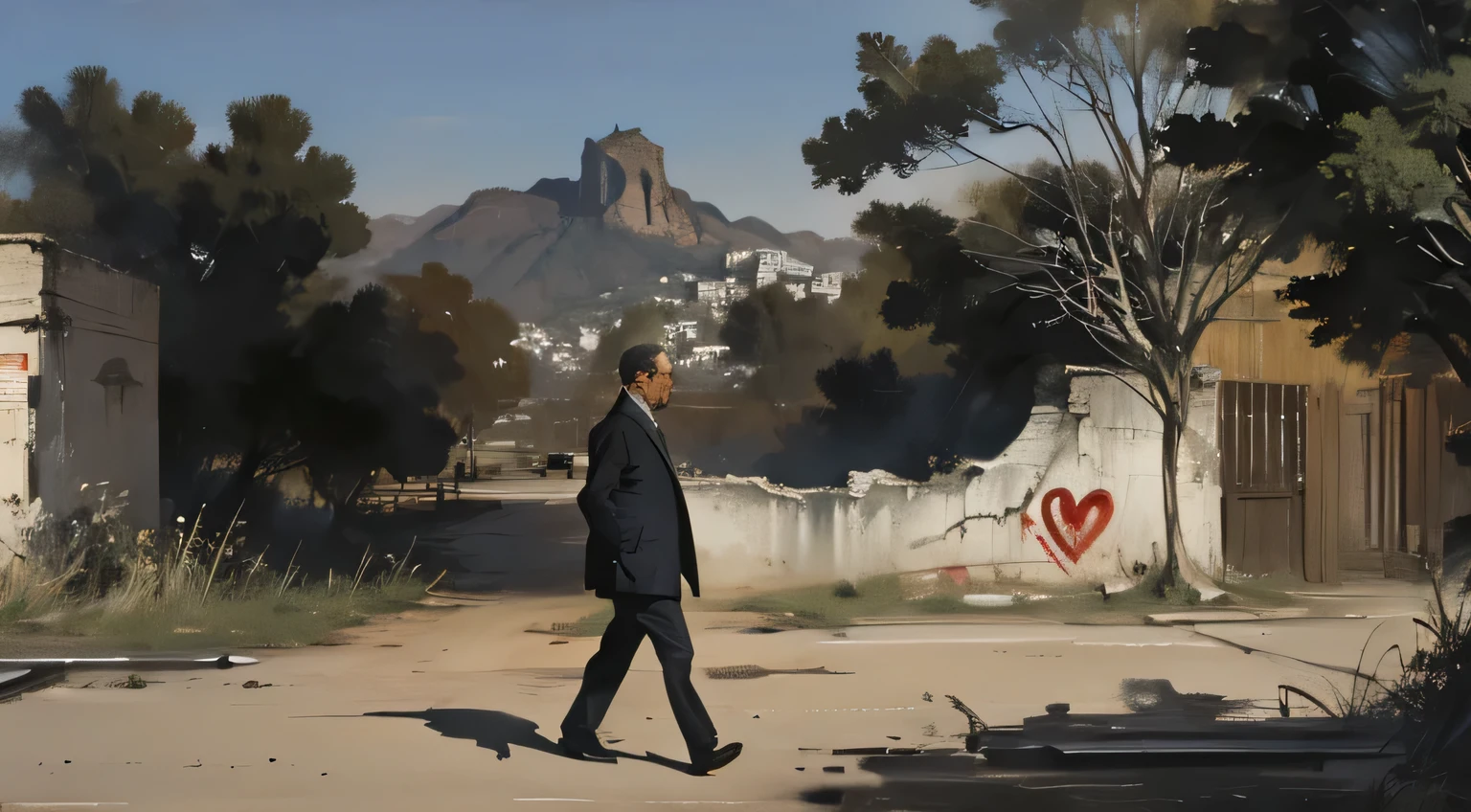 "A sad man passing by a deserted street in Rio de Janeiro, with a mural (old wall) depicting torn hearts on an outdoor billboard. (best quality, highres), with ultra-detailed and realistic portrayal, showcasing the vibrant colors and bokeh effect. The mural is created with a mix of painting and illustration techniques, giving it an artistic touch. The street is empty, emphasizing the desolation and loneliness. The old wall showcases a weathered texture, adding character to the scene. The lighting is dramatic, casting long shadows on the wall and creating a sense of mystery. The overall color tone is somber, with a hint of melancholy. The old men walking past the mural is wearing casual attire, conveying a sense of solitude and contemplation. The mural acts as a visual representation of heartbreak and emotional vulnerability, setting a poignant tone for the artwork. The composition of the image is carefully framed to capture the essence of the deserted street and the emotional impact of the mural's imagery.