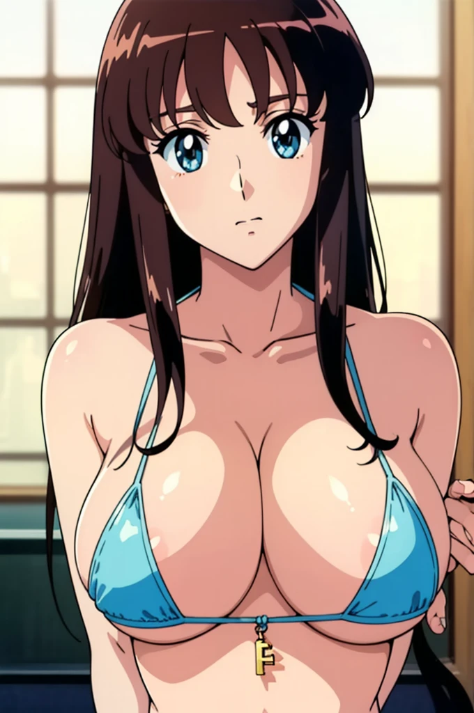 (anime cels style, Masterpiece, best quality, high resolution, anime colored, megami magazine:1.2, anime poster style, anime keyvisual, sharp, 8k, photorealistic), (beautiful eyes:1.5), reiko_aiwaifu, 1girl, blond hair, long hair, (sagging huge breast), micro bikini, cleavage, (upper body:1.3), (perfect detailed anatomy, perfect arms, perfect fingers, beautiful face, perfect body, shiny skin), onsen,