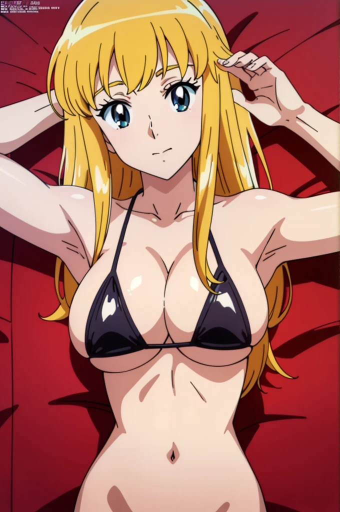 (anime cels style, Masterpiece, best quality, high resolution, anime colored, megami magazine:1.2, anime poster style, anime keyvisual, sharp, 8k, photorealistic), (beautiful eyes:1.5), reiko_aiwaifu, 1girl, blond hair, long hair, (sagging huge breast), micro bikini, cleavage, (upper body:1.3), (perfect detailed anatomy, perfect arms, perfect fingers, beautiful face, perfect body, shiny skin), onsen, 