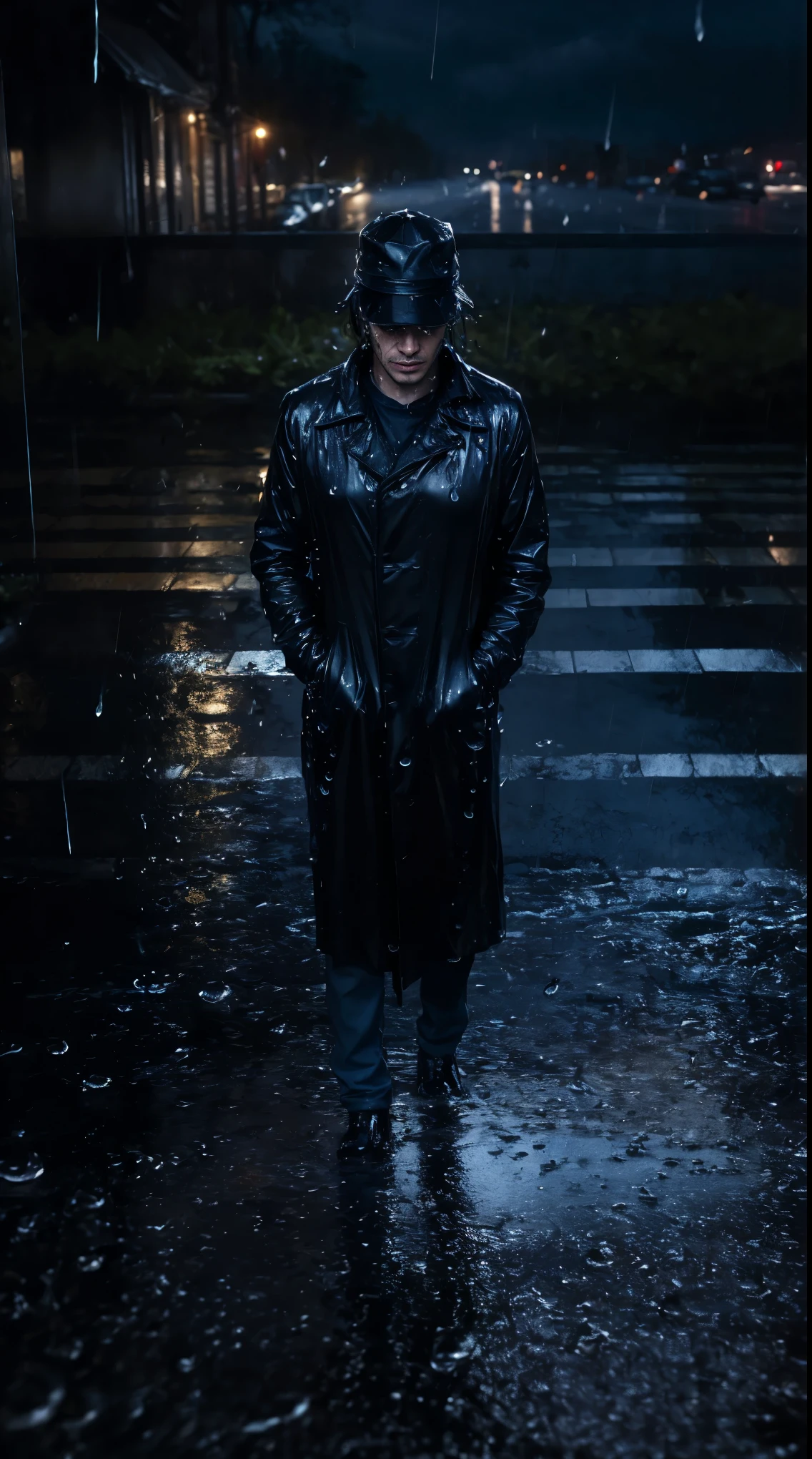 ( best quality,4k,8k,highres,masterpiece:1.2),ultra-detailed,(realistic,photorealistic,photo-realistic:1.37),rainy scene,stressed,outdoor,gloomy atmosphere,realistic droplets on the face,drenched clothes,dark colors,despair,desolation,loneliness,lost in thoughts,emotional,wet street,running mascara on his face,tears streaming down his cheeks,hat soaked with rain,water dripping from his hair,hunched shoulders,visible sadness,pouring rain,thunderstorm,tempestuous weather,misery,deep sorrow,heartache,negative emotions,despairing expression,cold and wet,paleness,heavy rain falling,wet pavement,teardrops falling rapidly,solitude,devastation.