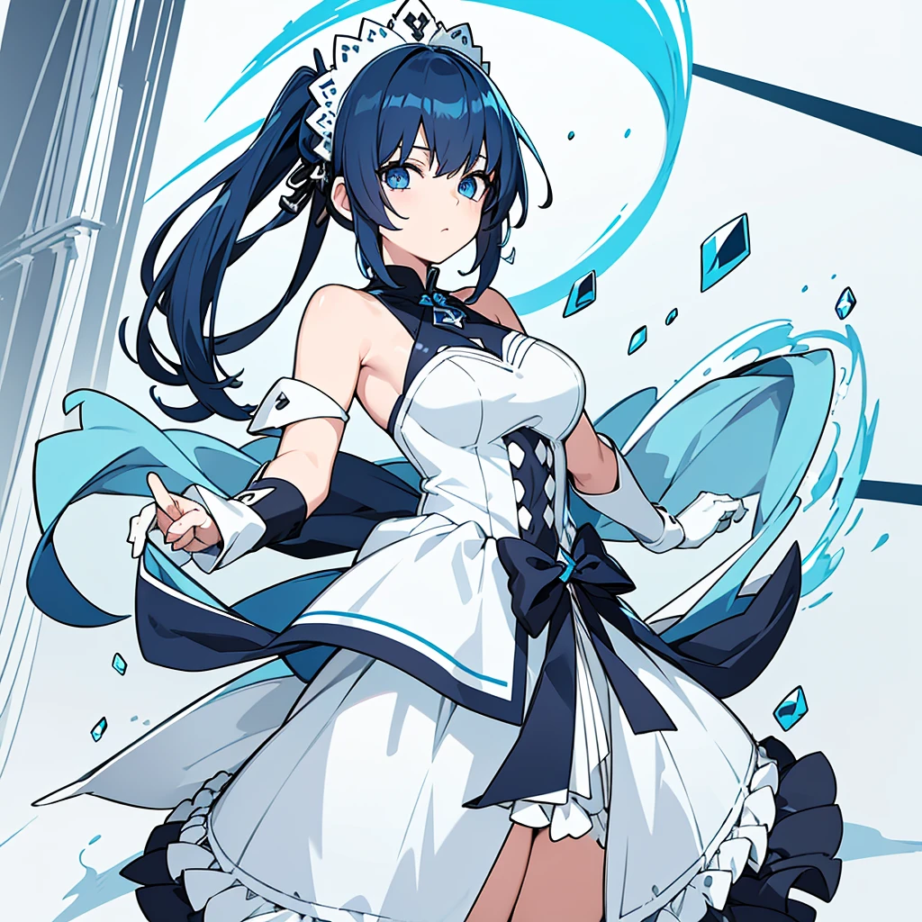 (Master piece Best quality)1 girl, blue eyes, white dress with black trim, blue hair,