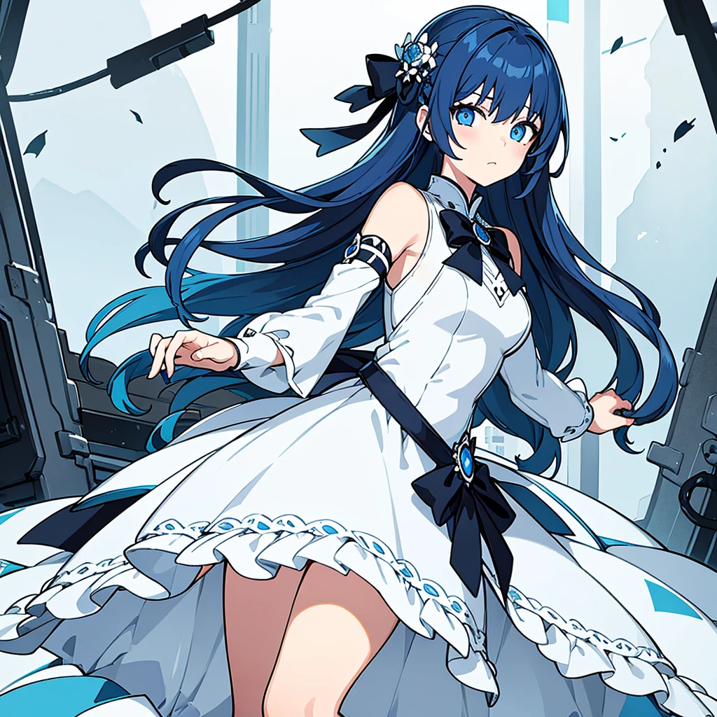 (Master piece Best quality)1 girl, blue eyes, white dress with black trim, blue hair,