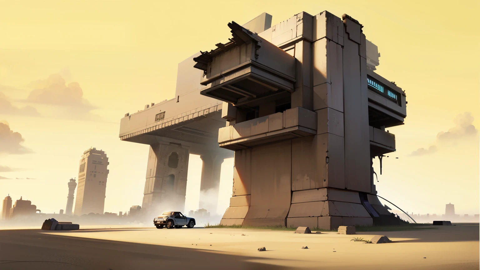 there is a photo of a ruined building in the desert, futuristic ruins, futuristic estructures in ruins, artes conceituais, epic cinematic concept art, dramatic conceptual art, ruined alien structures, artes conceituaistyle, huge giant ancient ruins, arte conceitual impressionante, arte conceitual limpa, science fiction temple exterior, estilo de arte conceitual, pictorial conceptual art, stunning science fiction concept art