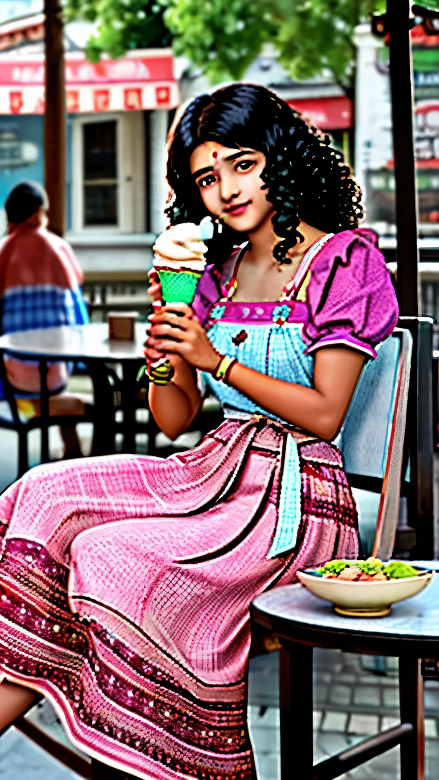 A beautiful indian teenage girl with curly hair eating icecream from a bowl using a spoon, original photo 36 mm,  sitting on a round table, photo taken from the table showing the background as an icecream shop. She is wearing a cute frock, photo taken from the front, she is enjoying the taste of icecream. Picture must be like a photo