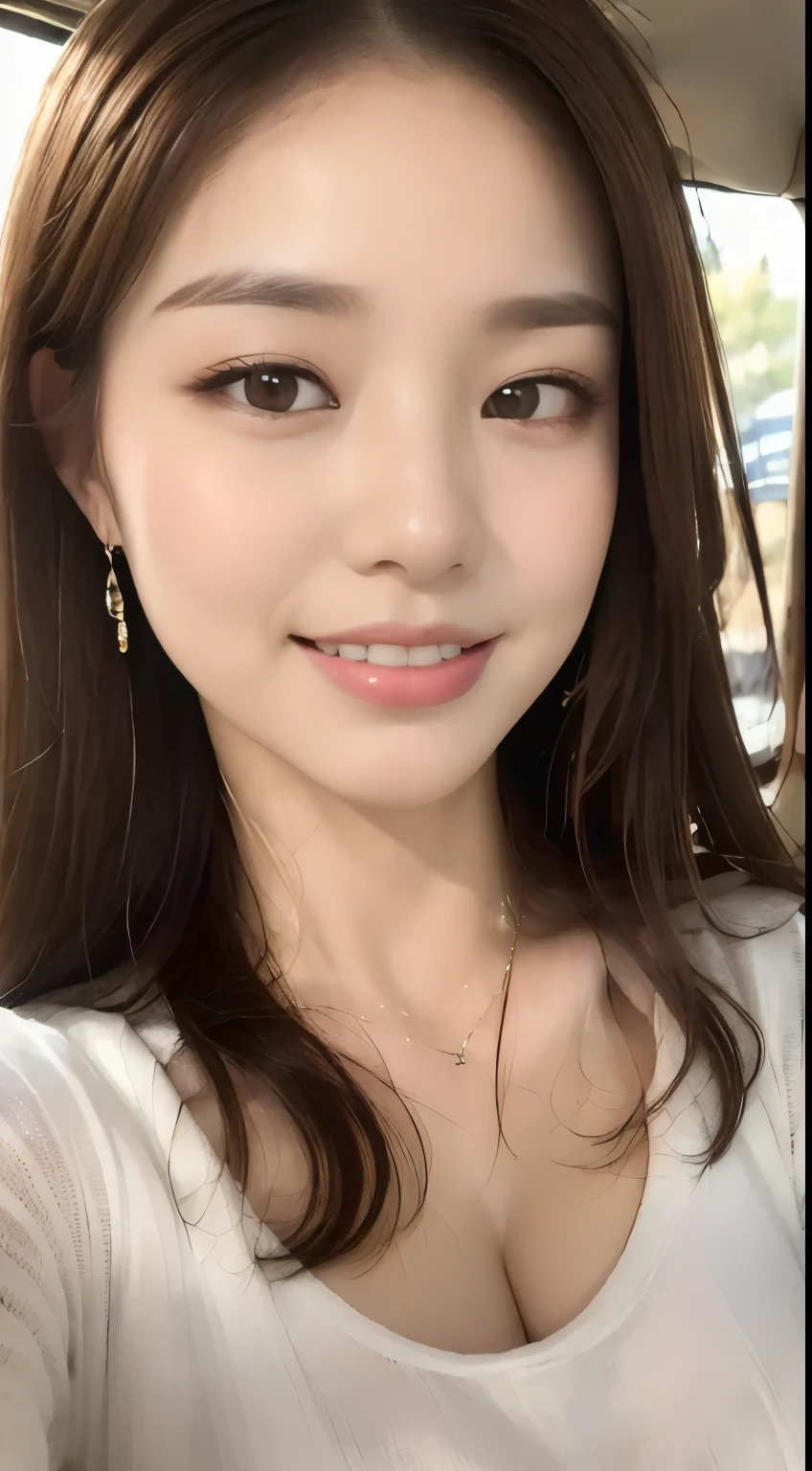 ((highest quality, 8k, masterpiece :1.3)), One girl, Selfie, close, Affectionate smile, Slim face, Beautiful woman, (Dark brown hair), Big Breasts:1.3,White T-shirt, Highly detailed face, Fine grain, double eyelid,  Blur the background, Slim face, city, outside,On board, suspension bridge, sunny, null, nature