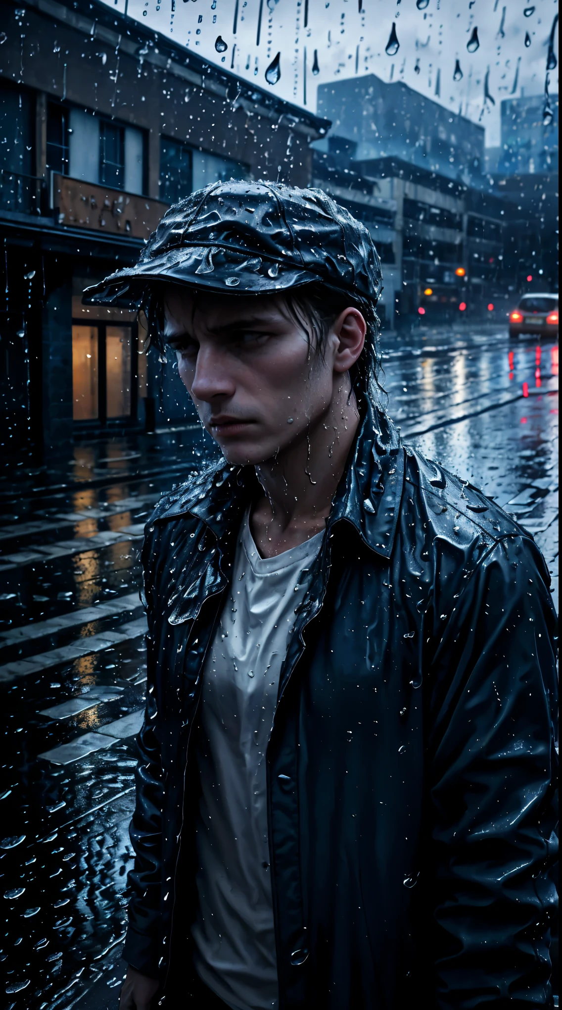 ( best quality,4k,8k,highres,masterpiece:1.2),ultra-detailed,(realistic,photorealistic,photo-realistic:1.37),rainy scene,stressed,outdoor,gloomy atmosphere,realistic droplets on the face,drenched clothes,dark colors,despair,desolation,loneliness,lost in thoughts,emotional,wet street,running mascara on his face,tears streaming down his cheeks,hat soaked with rain,water dripping from his hair,hunched shoulders,visible sadness,pouring rain,thunderstorm,tempestuous weather,misery,deep sorrow,heartache,negative emotions,despairing expression,cold and wet,paleness,heavy rain falling,wet pavement,teardrops falling rapidly,solitude,devastation.