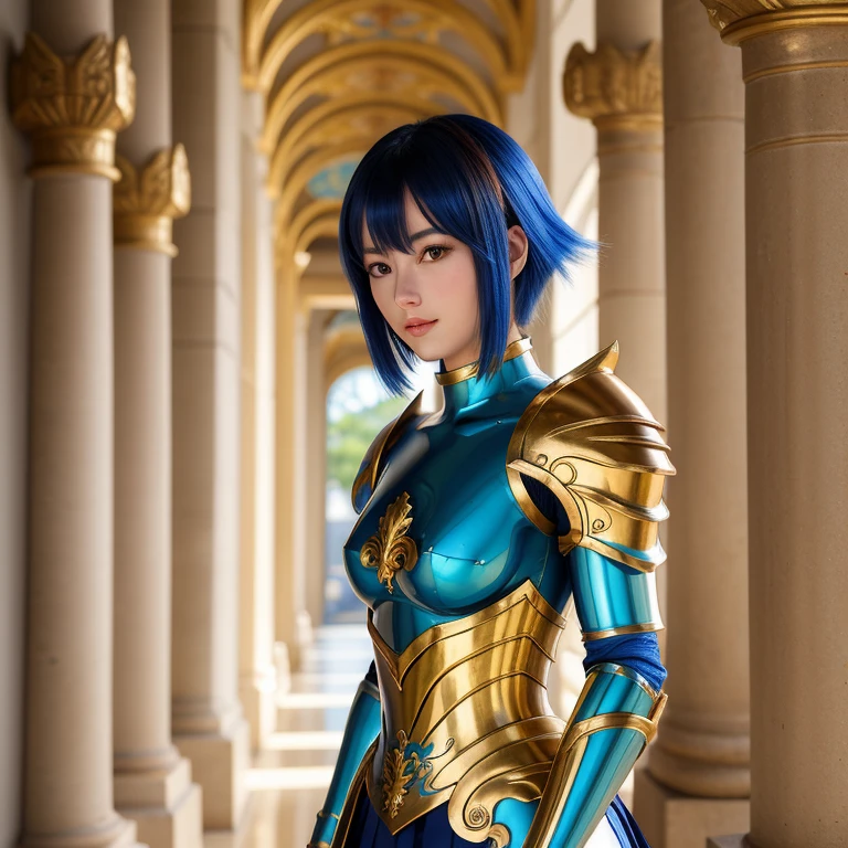 une femme, 25 ans, manga, cheveux longs, cheveux multicolores, high level of detail, saint seiya, armure bleue, bronze armor, blue armor, signes du zodiaque, Grèce antique, Dans un temple antique, armure du zodiac, zodiac cloth, Carved