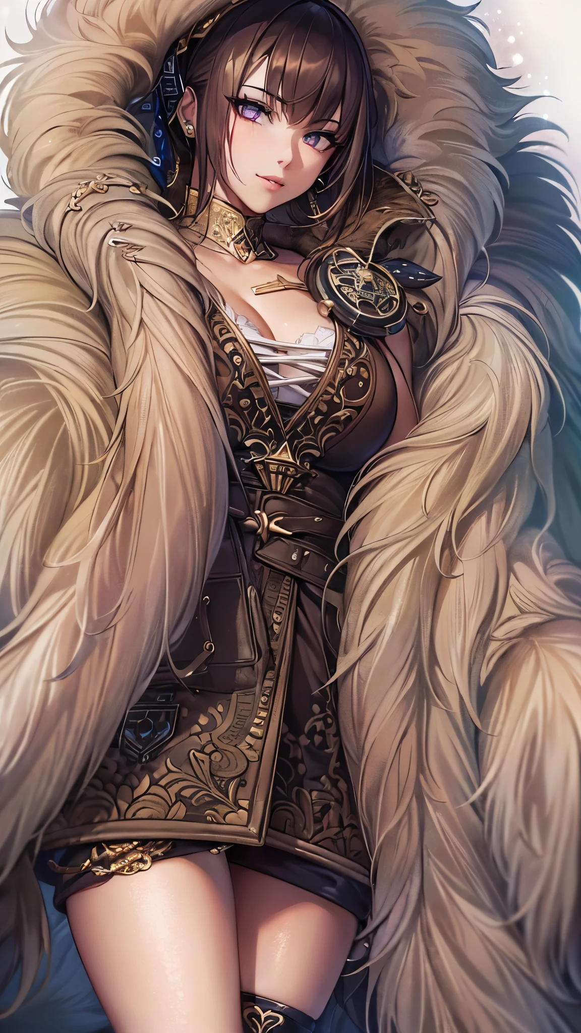 Masterpiece, Professional, High Definition - quality, sharp focus, perfect artwork, Best Illustration, trending on artstation, UHD, 4k, full body, NSFW " curly hair, shoulder length hair, silky hair, shiny hair, blue eyes, extremely detailed eyes, shiny eyes, dark skin, shiny skin, skin texture, extremely detailed skin, exquisite detail on the face and skin, detailed eyes. Wearing micro shorts, white shirt, metal detailed leather jacket. She is holding by the chain one , dog breed /pitbull monster/, dog of exaggeratedly large and robust physical build, corpulent and muscular dog, focus on the dog