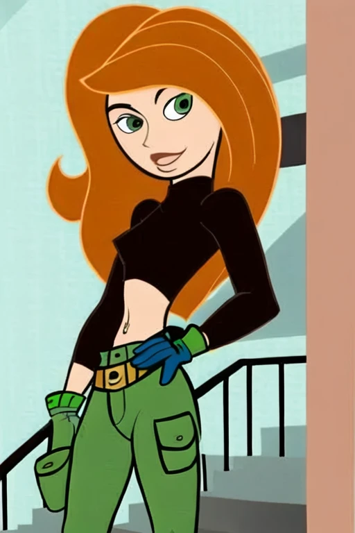 kimberly ann possible, 1girl, abs, bandaid, brown hair, breasts, fingerless gloves, gloves, green eyes, green legwear, large breasts, lips, long hair, midriff, navel, pants, pose, solo, thighs, toned