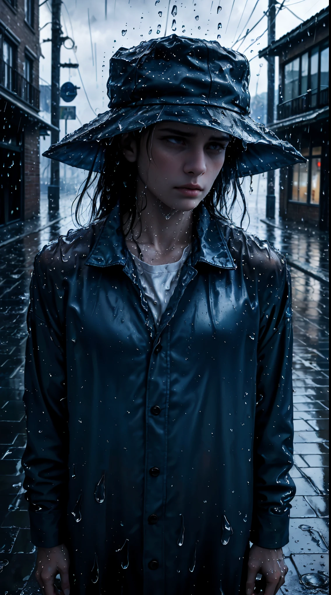 ( best quality,4k,8k,highres,masterpiece:1.2),ultra-detailed,(realistic,photorealistic,photo-realistic:1.37),rainy scene,stressed,outdoor,gloomy atmosphere,realistic droplets on the face,drenched clothes,dark colors,despair,desolation,loneliness,lost in thoughts,emotional,wet street,running mascara on his face,tears streaming down his cheeks,hat soaked with rain,water dripping from his hair,hunched shoulders,visible sadness,pouring rain,thunderstorm,tempestuous weather,misery,deep sorrow,heartache,negative emotions,despairing expression,cold and wet,paleness,heavy rain falling,wet pavement,teardrops falling rapidly,solitude,devastation.